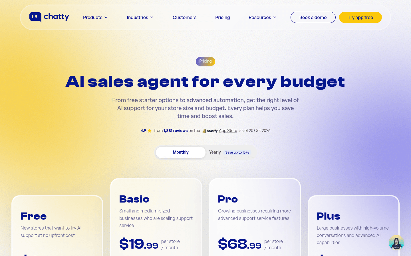 The Chatty pricing page headed AI sales agent for every budget, showing a monthly or yearly toggle and the Free, Basic at $19.99, Pro at $68.99 and Plus plans per store per month, as taken from Chatty