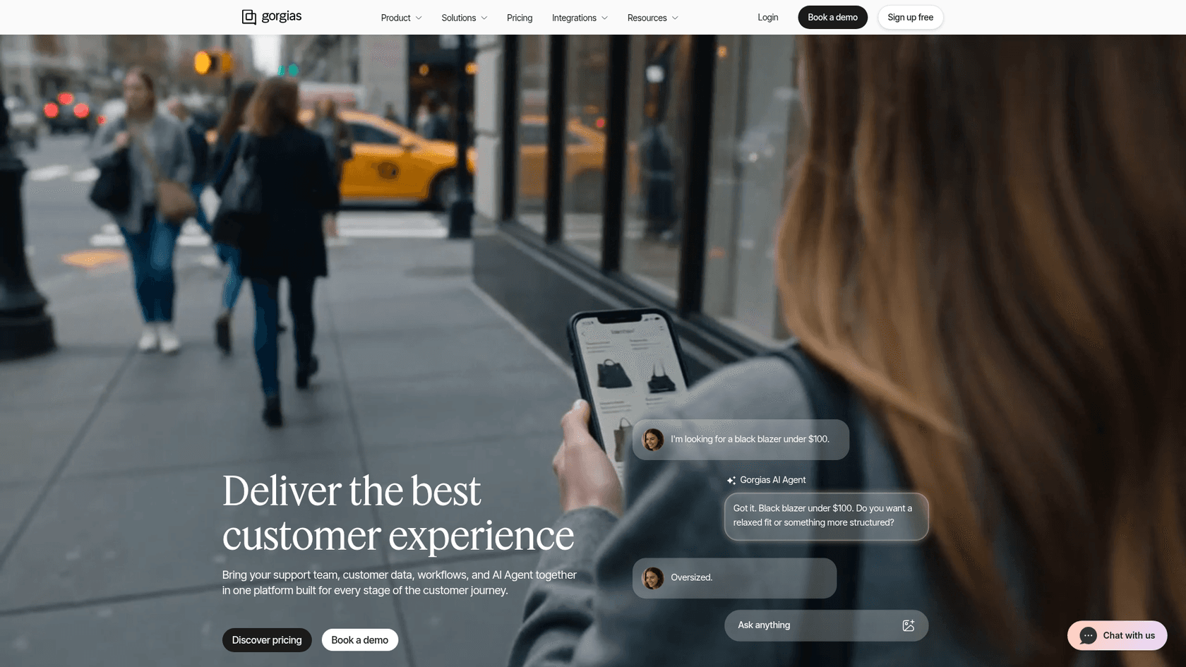 The Gorgias homepage with the headline Deliver the best customer experience and a Gorgias AI Agent chat helping a shopper find a black blazer under $100, as taken from Gorgias
