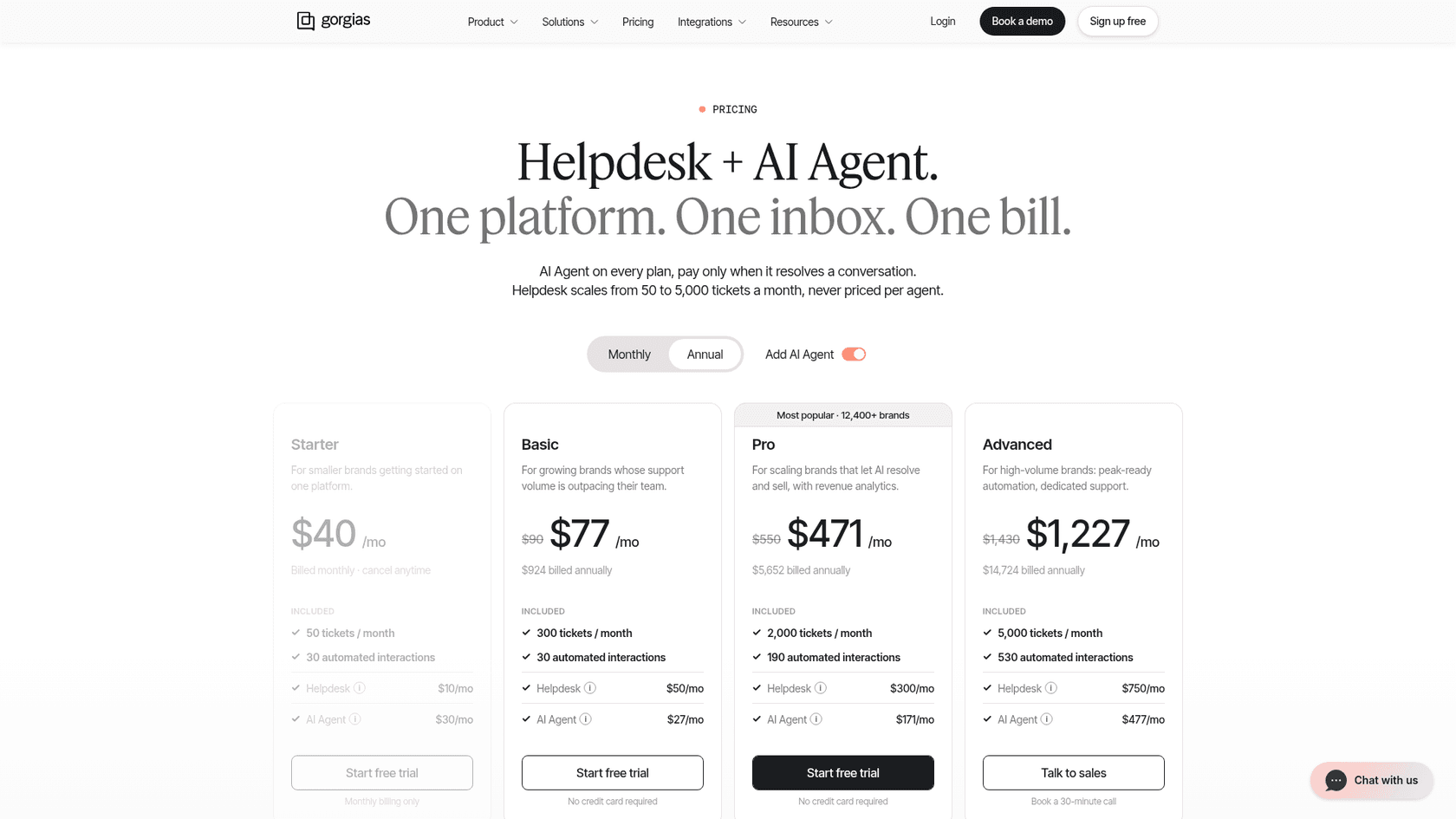 Gorgias pricing page with AI Agent switched on, showing Starter at $40 a month, Basic at $77, Pro at $471 and Advanced at $1,227 a month billed annually, with tickets and automated interactions per plan, as taken from Gorgias