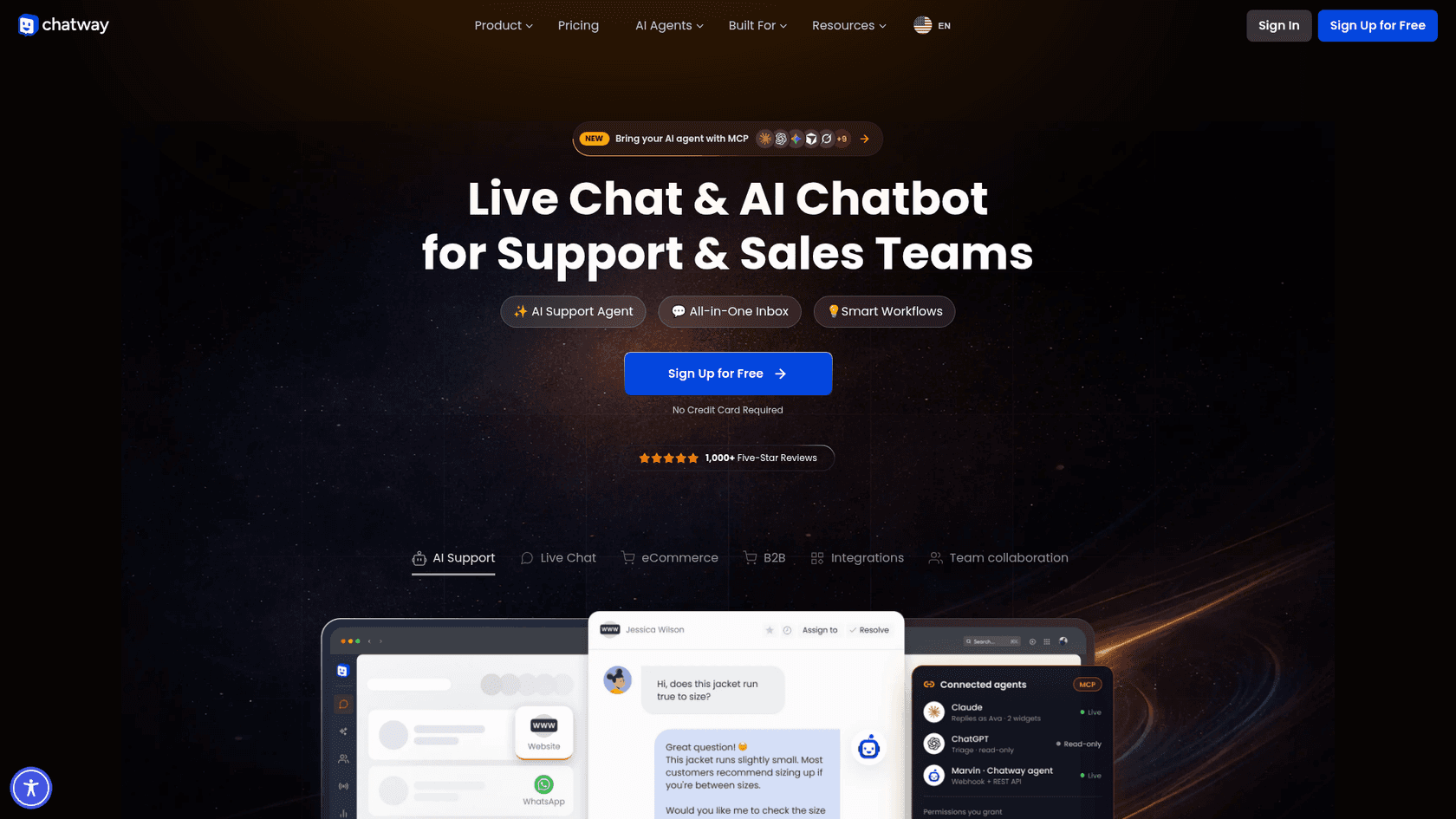 The Chatway homepage with the headline Live Chat and AI Chatbot for Support and Sales Teams, tabs for AI Support, Live Chat, eCommerce and Integrations, and a product view showing an AI reply about jacket sizing and a Connected agents panel, as taken from Chatway