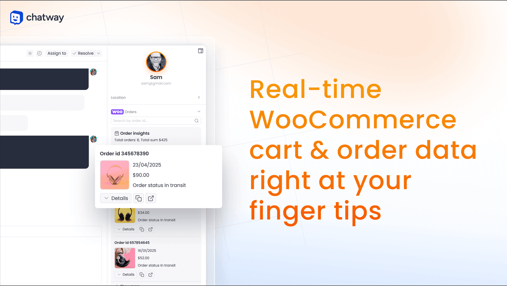 Chatway's WooCommerce panel beside a chat, showing a customer named Sam with order insights for 8 orders totalling $425, an order card for $90 marked in transit, and more orders below, as taken from WordPress.org