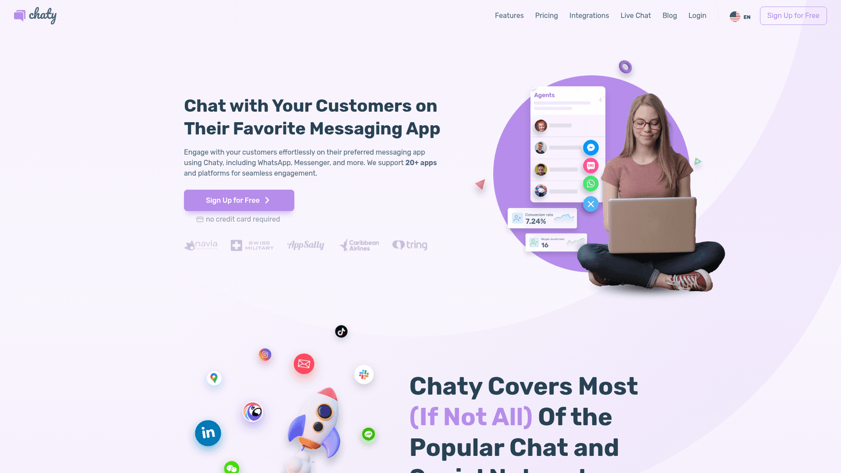 Chaty's homepage with the headline Chat with Your Customers on Their Favorite Messaging App, a Sign Up for Free button and an agents panel showing Messenger, SMS and WhatsApp buttons, as taken from chaty.app