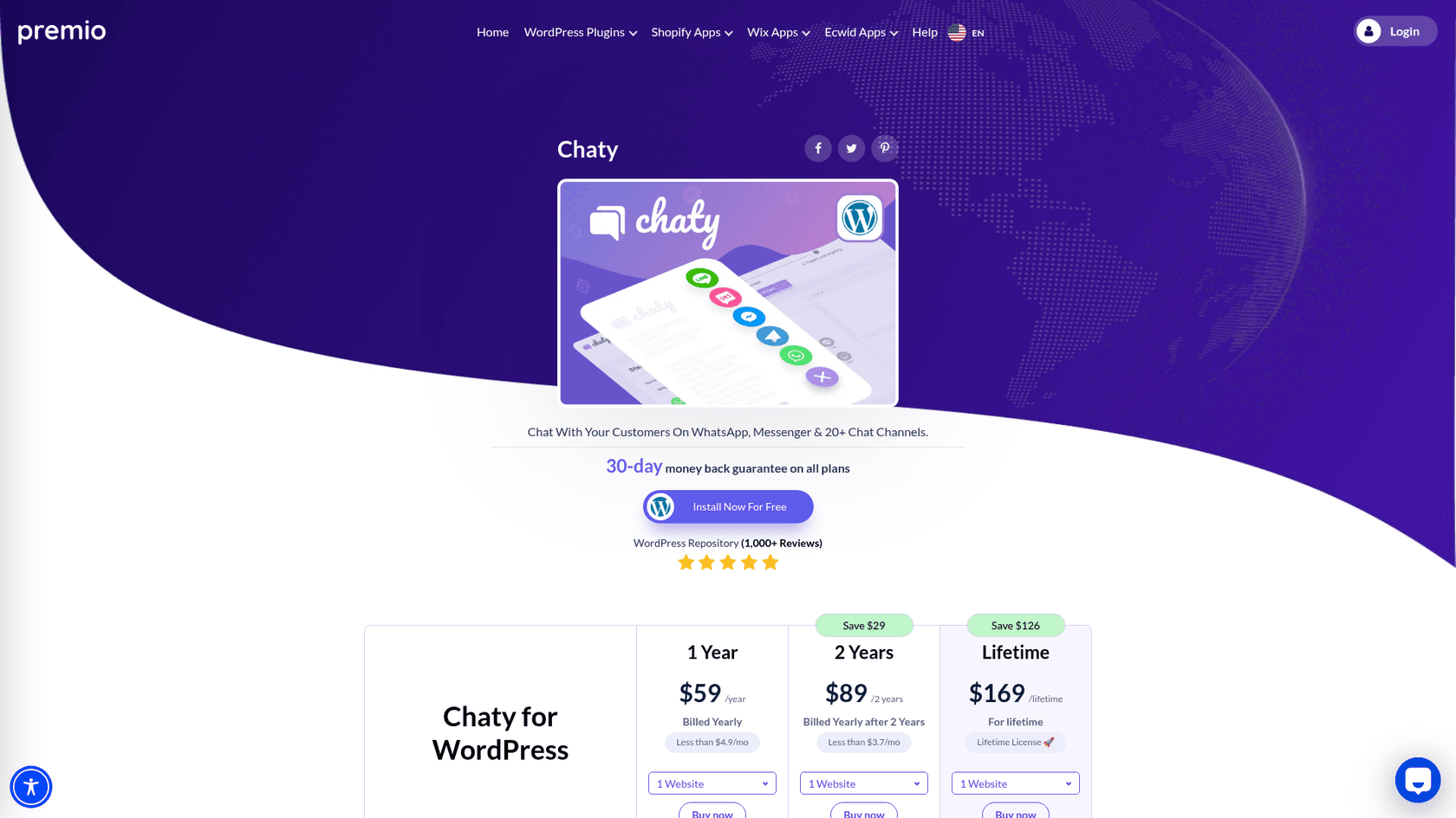 Premio's Chaty for WordPress page showing a 30-day money back guarantee and Pro plans of $59 a year, $89 for 2 years and $169 lifetime for 1 website, as taken from premio.io