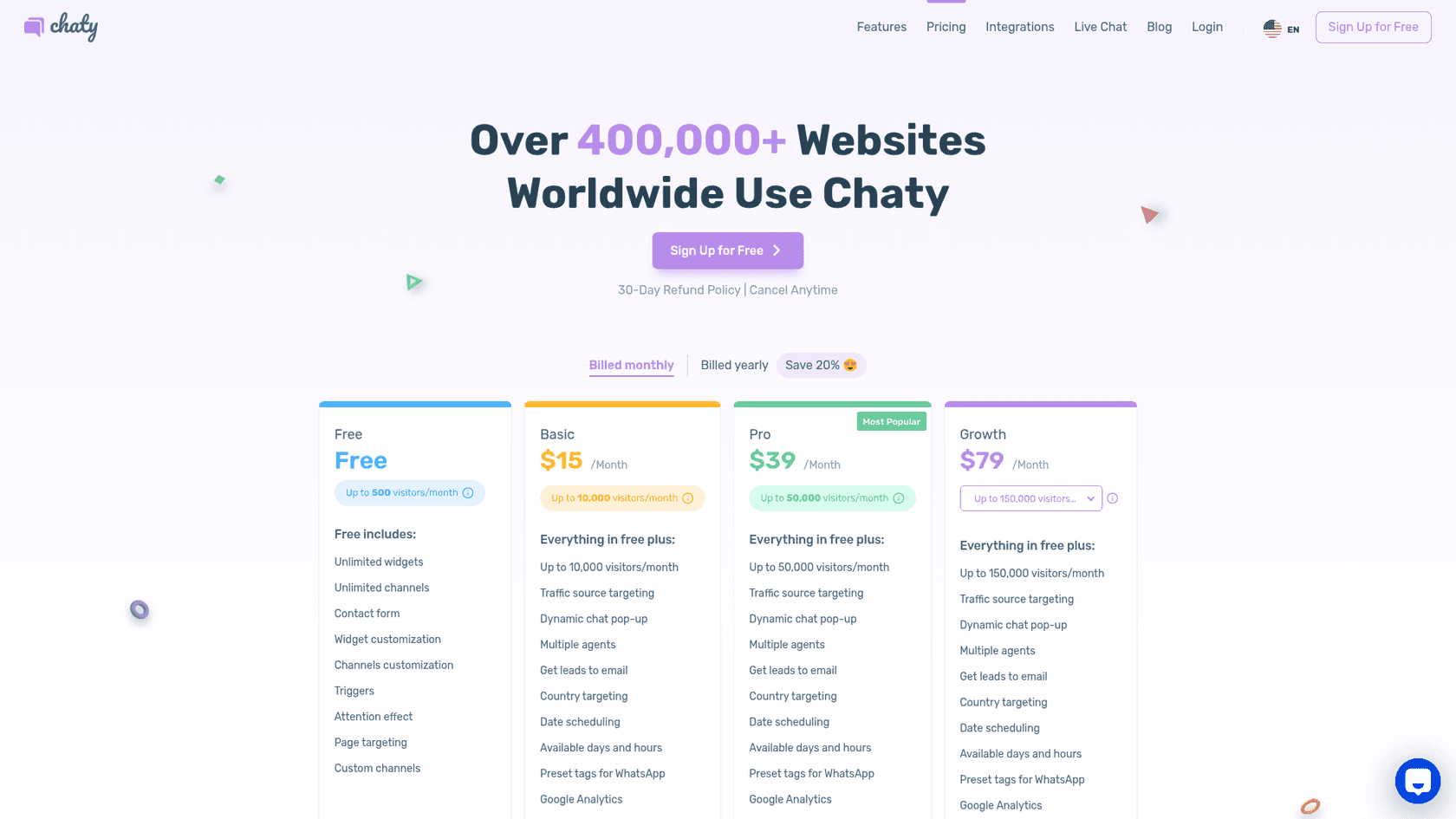 Chaty's pricing page with Free, Basic at $15, Pro at $39 marked Most Popular and Growth at $79 a month, each with its monthly visitor limit, as taken from chaty.app