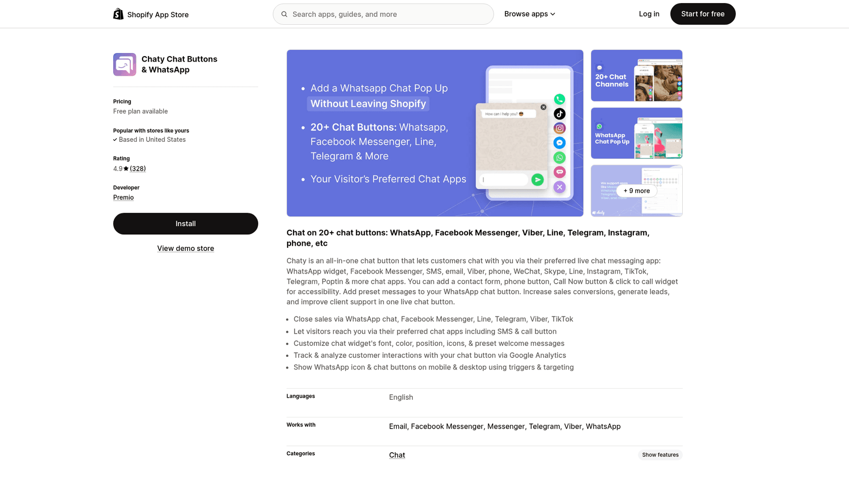 Chaty Chat Buttons and WhatsApp on the Shopify App Store with Free plan available, a 4.9 rating from 328 reviews and Premio as developer, as taken from the Shopify App Store