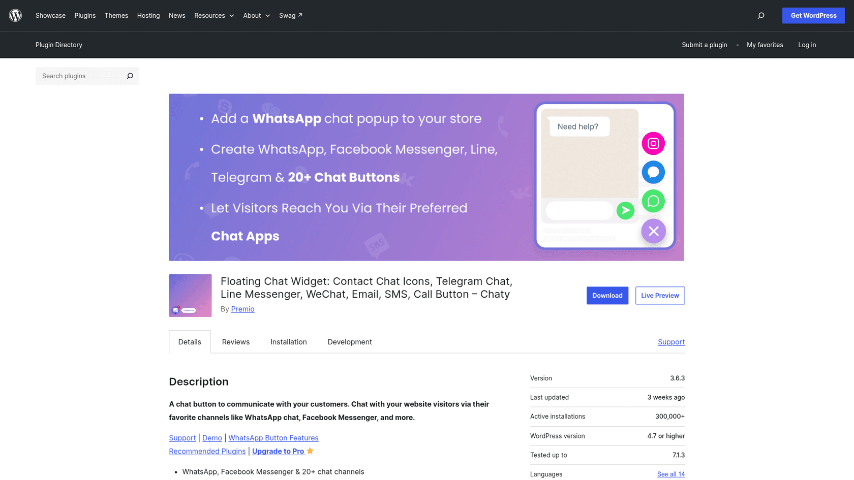 The Chaty WordPress.org listing with a banner reading Add a WhatsApp chat popup to your store, 20+ chat buttons, version 3.6.3 and 300,000+ active installations, as taken from WordPress.org