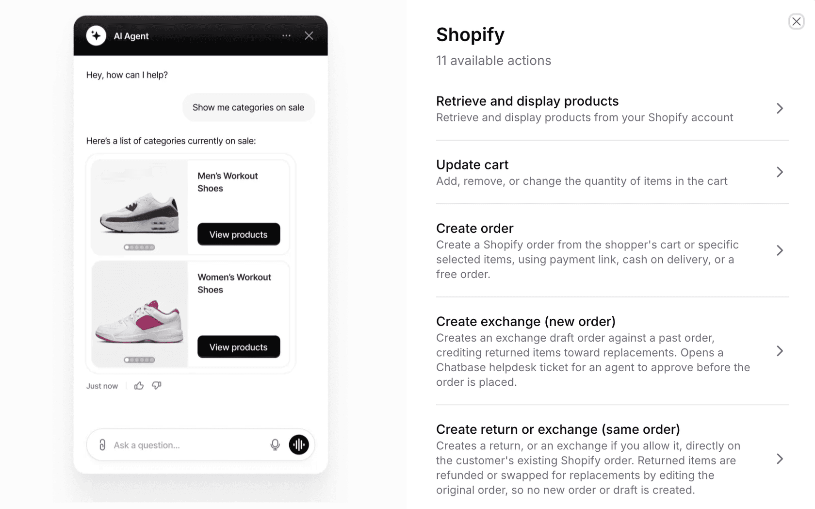 Le panneau d'actions Shopify de Chatbase listant 11 actions disponibles, dont « Retrieve and display products », « Update cart », « Create order », « Create exchange » et « Create return or exchange », à côté d'un chat d'agent IA montrant des catégories de chaussures de sport en promotion avec des boutons « View products », tirée de la documentation de Chatbase