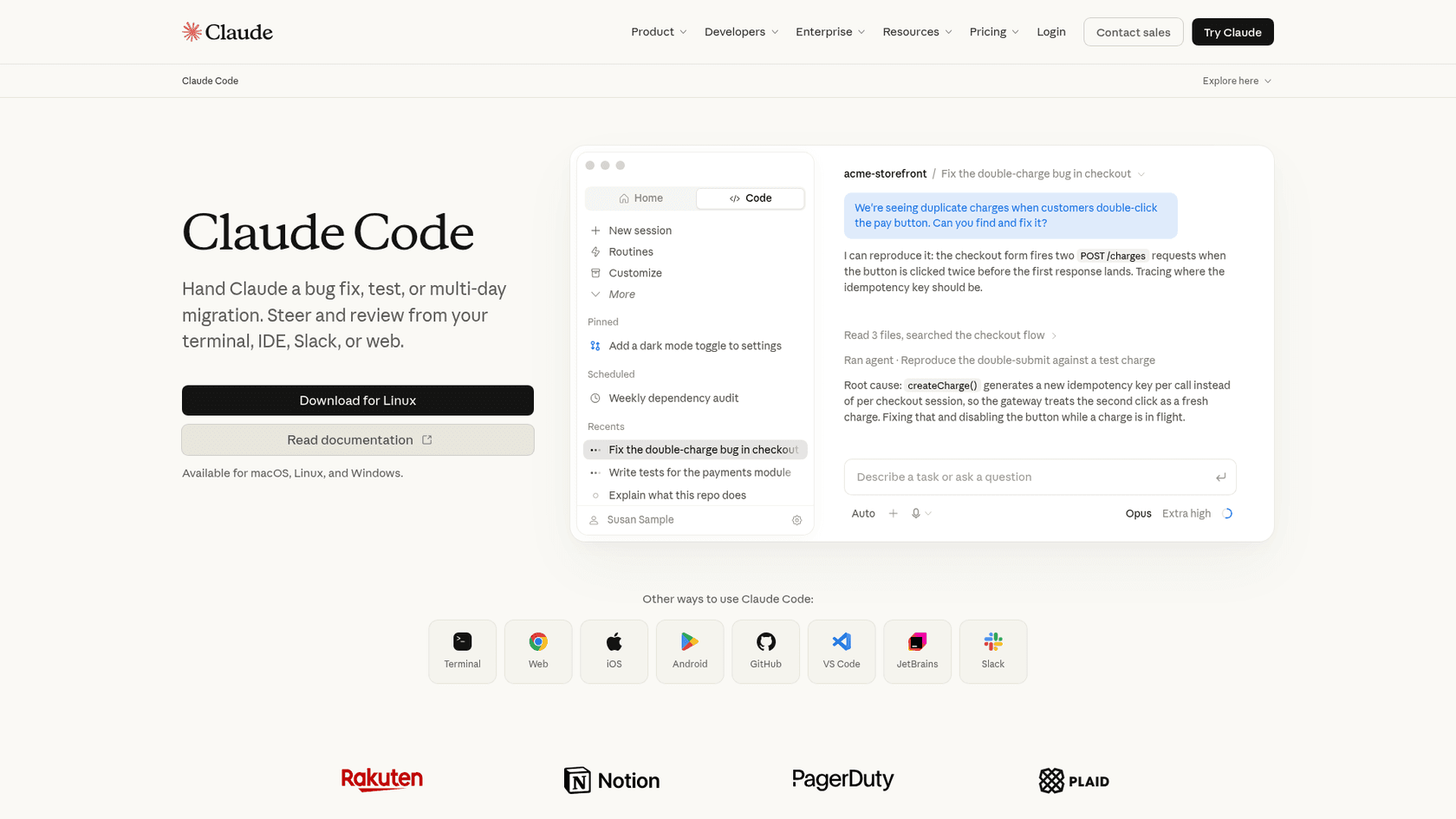 The Claude Code product page, from Claude, another option for Salesforce developers, as taken from Claude.