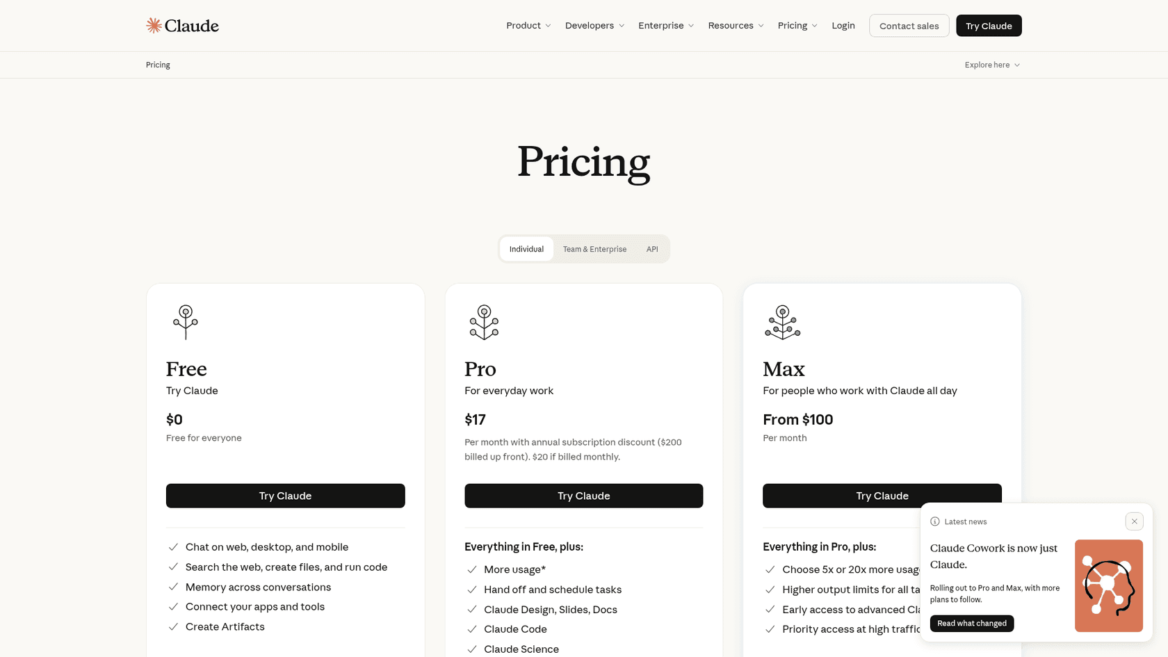 Claude's Free, Pro, and Max plan cards, as taken from Claude's pricing page