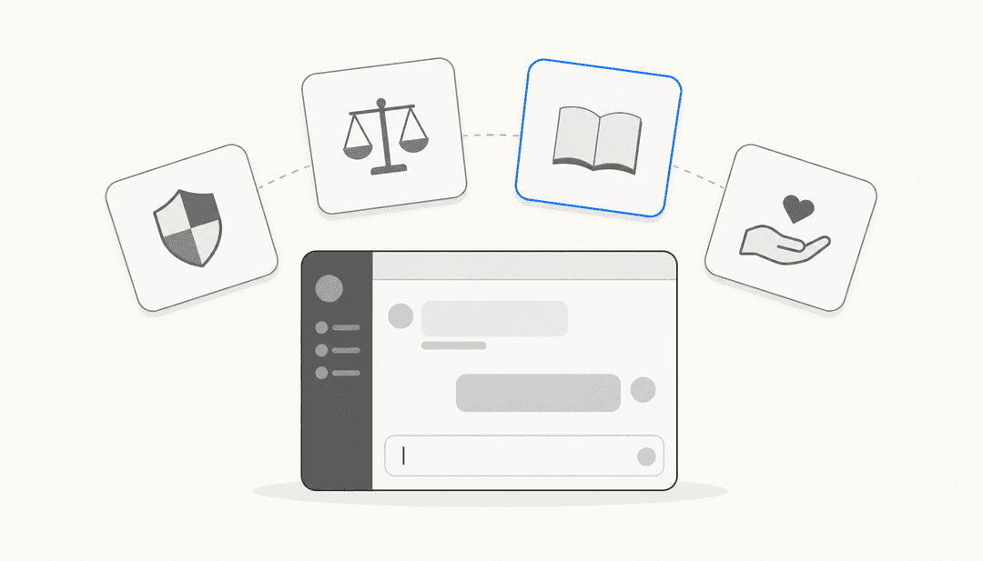 Editorial illustration of an AI values design system - chat interface surrounded by floating value cards in a clean flat style