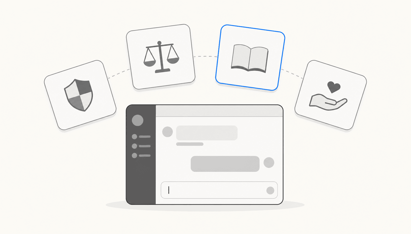 Editorial illustration of an AI values design system - chat interface surrounded by floating value cards in a clean flat style