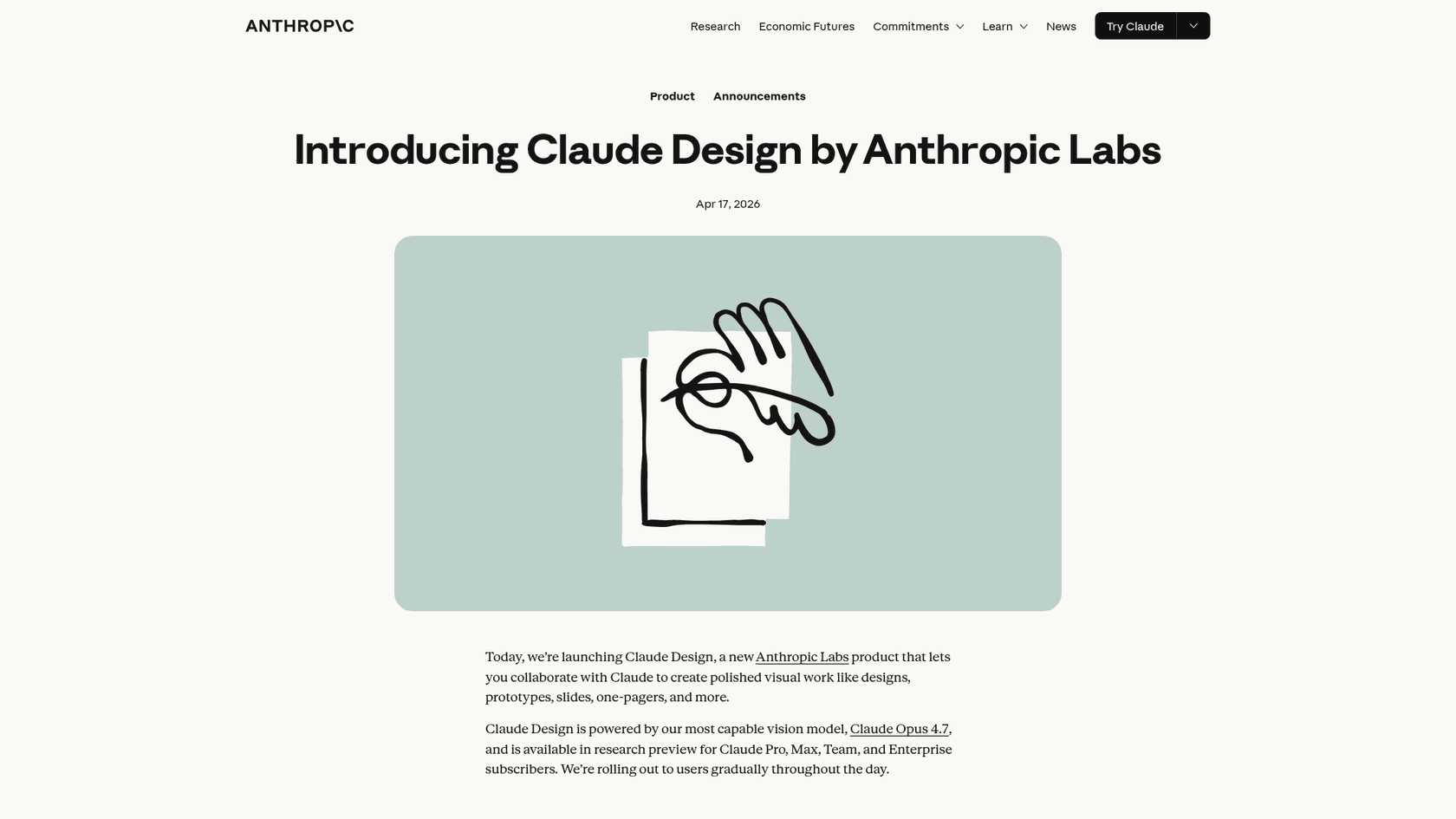 Anthropic's Claude Design Anthropic Labs page showing the April 2026 product launch