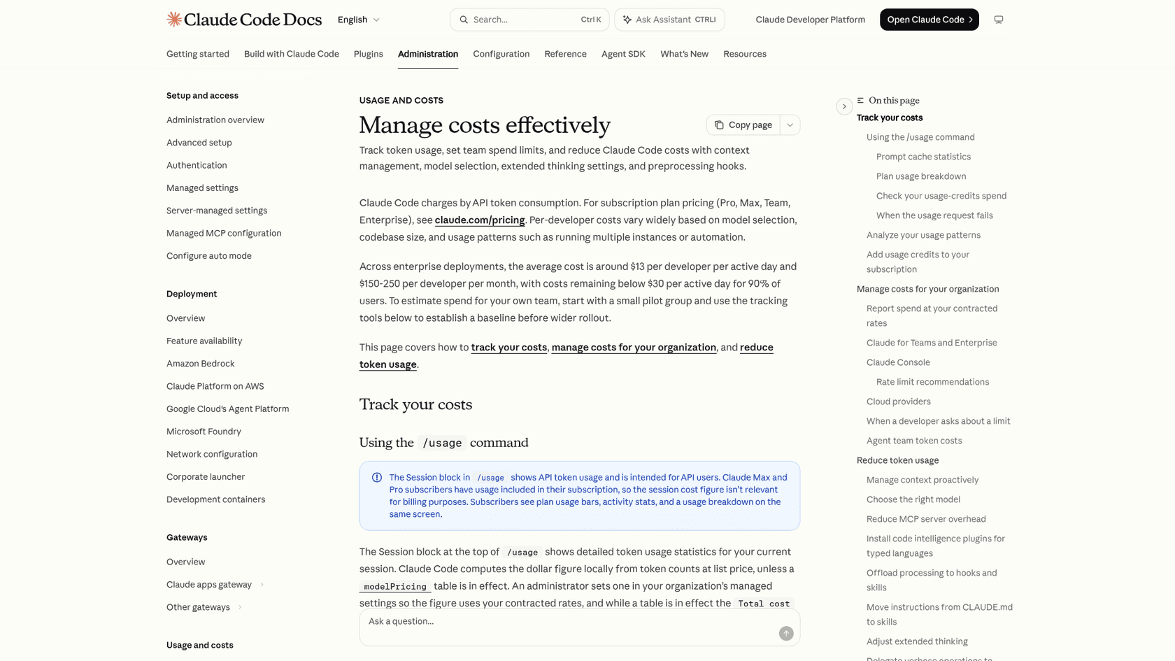 The Claude Code docs page on tracking costs, including the /usage command, as taken from Claude Code docs