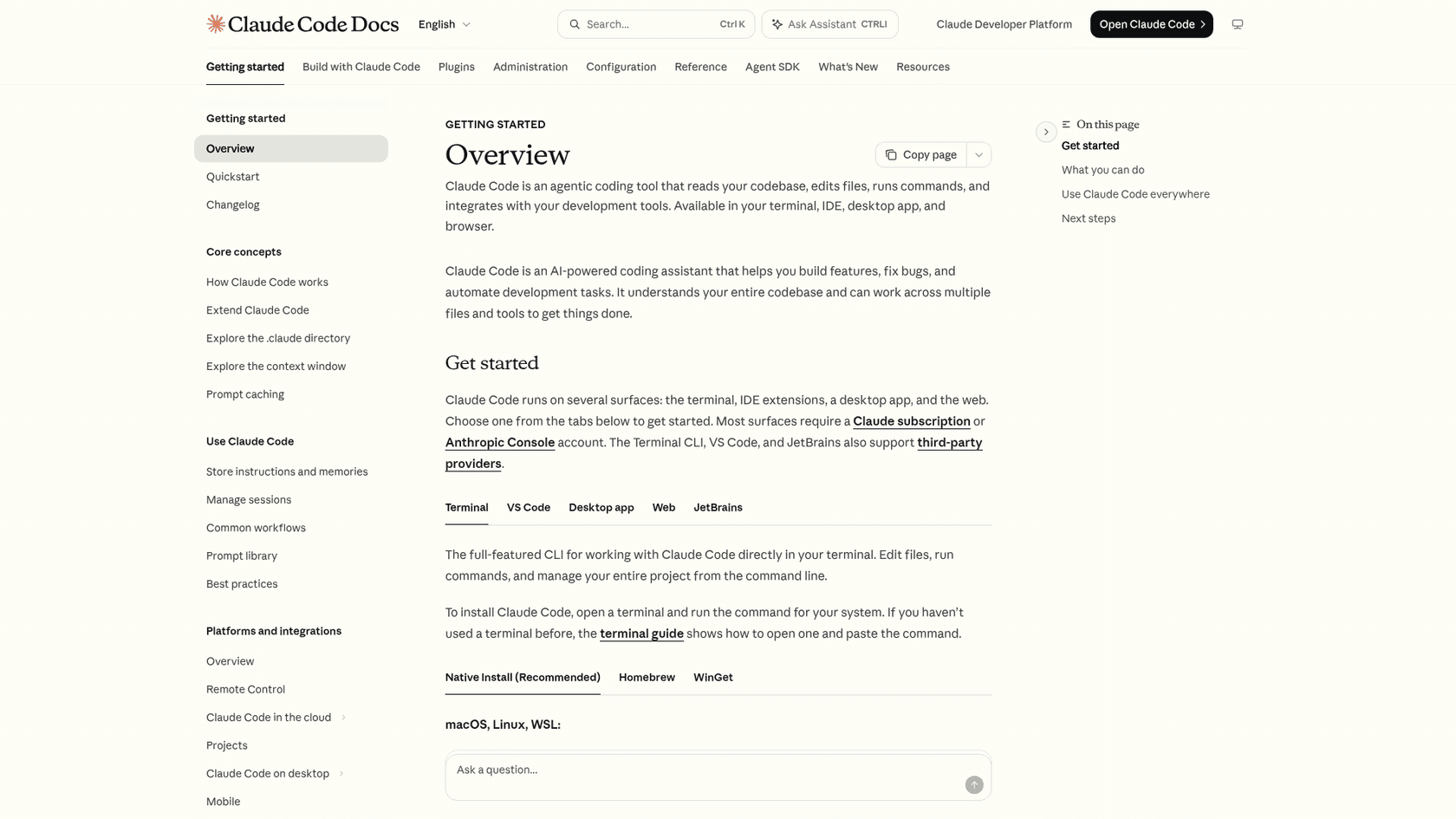 Claude Code docs overview listing the terminal, IDE, desktop and web surfaces, as taken from Claude Code Docs