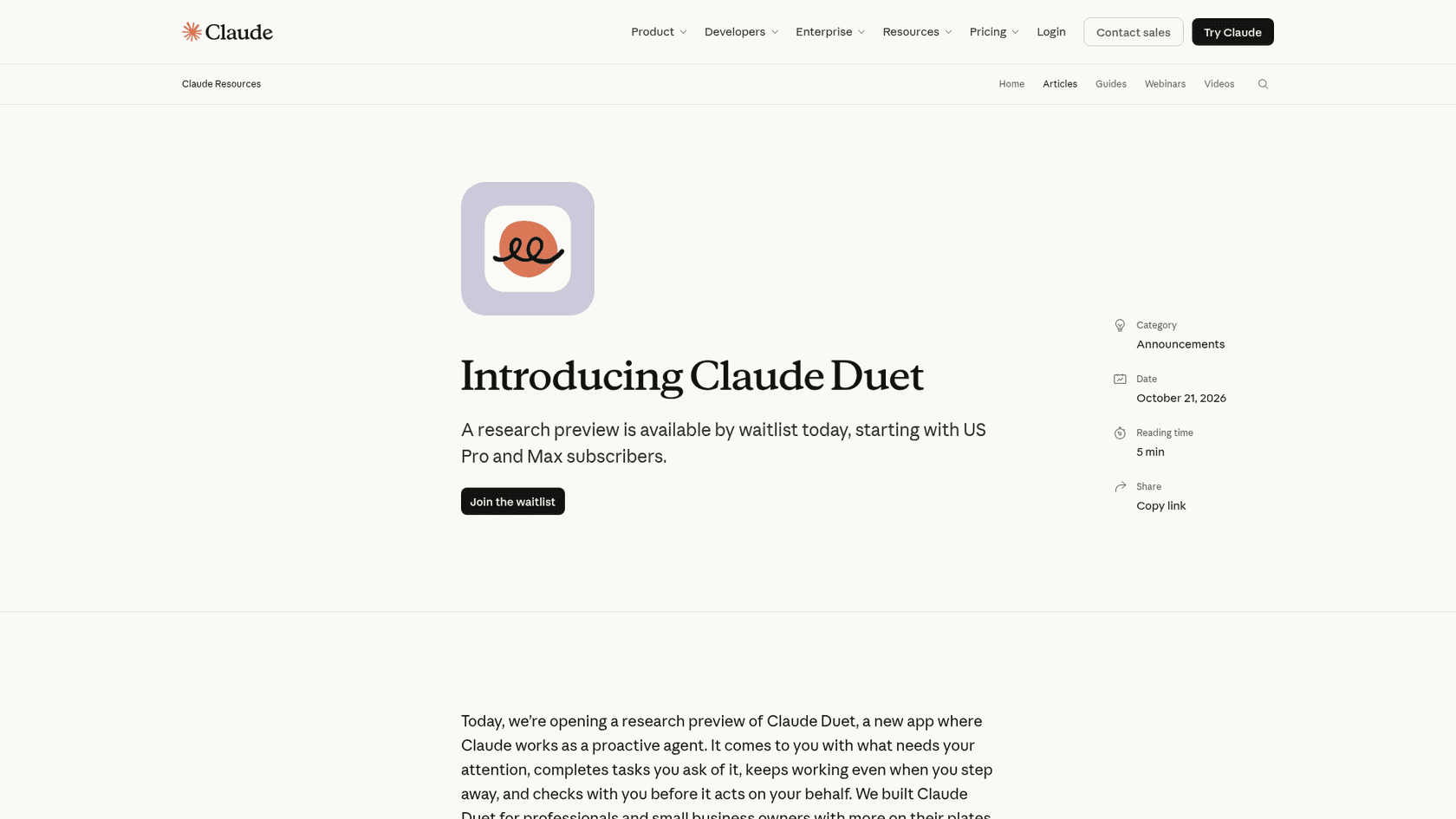 The Introducing Claude Duet announcement page, noting the research preview is available by waitlist starting with US Pro and Max subscribers, as taken from Claude
