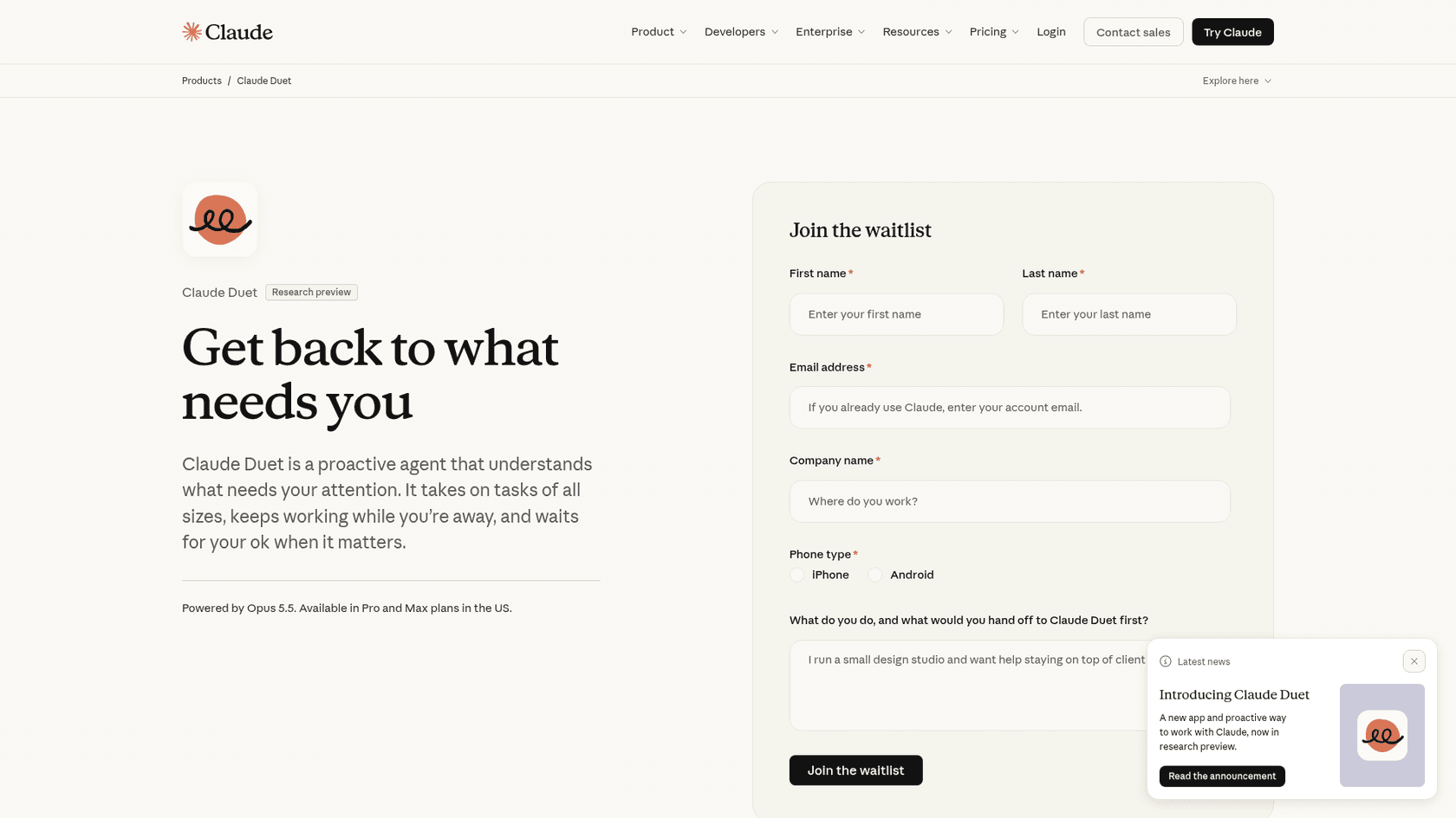 Claude Duet product page with the research preview badge, the headline Get back to what needs you, and the waitlist form, as taken from Claude