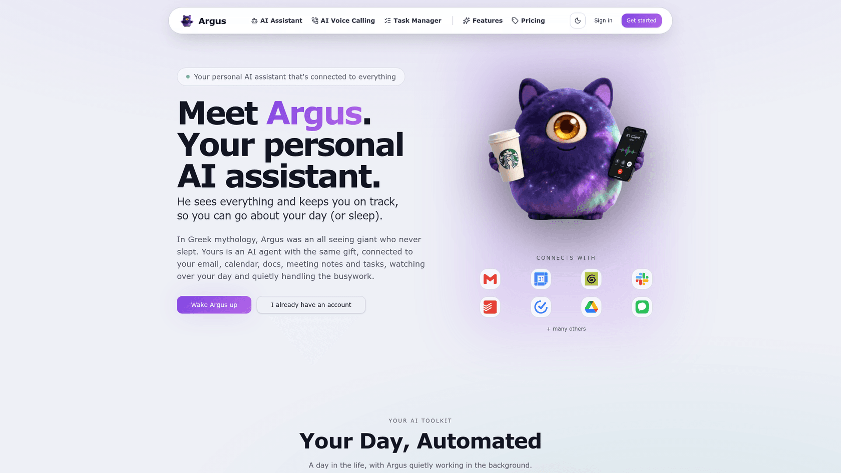 The Argus homepage with the headline Meet Argus, your personal AI assistant, a purple one-eyed mascot and app icons under Connects with, as taken from Argus