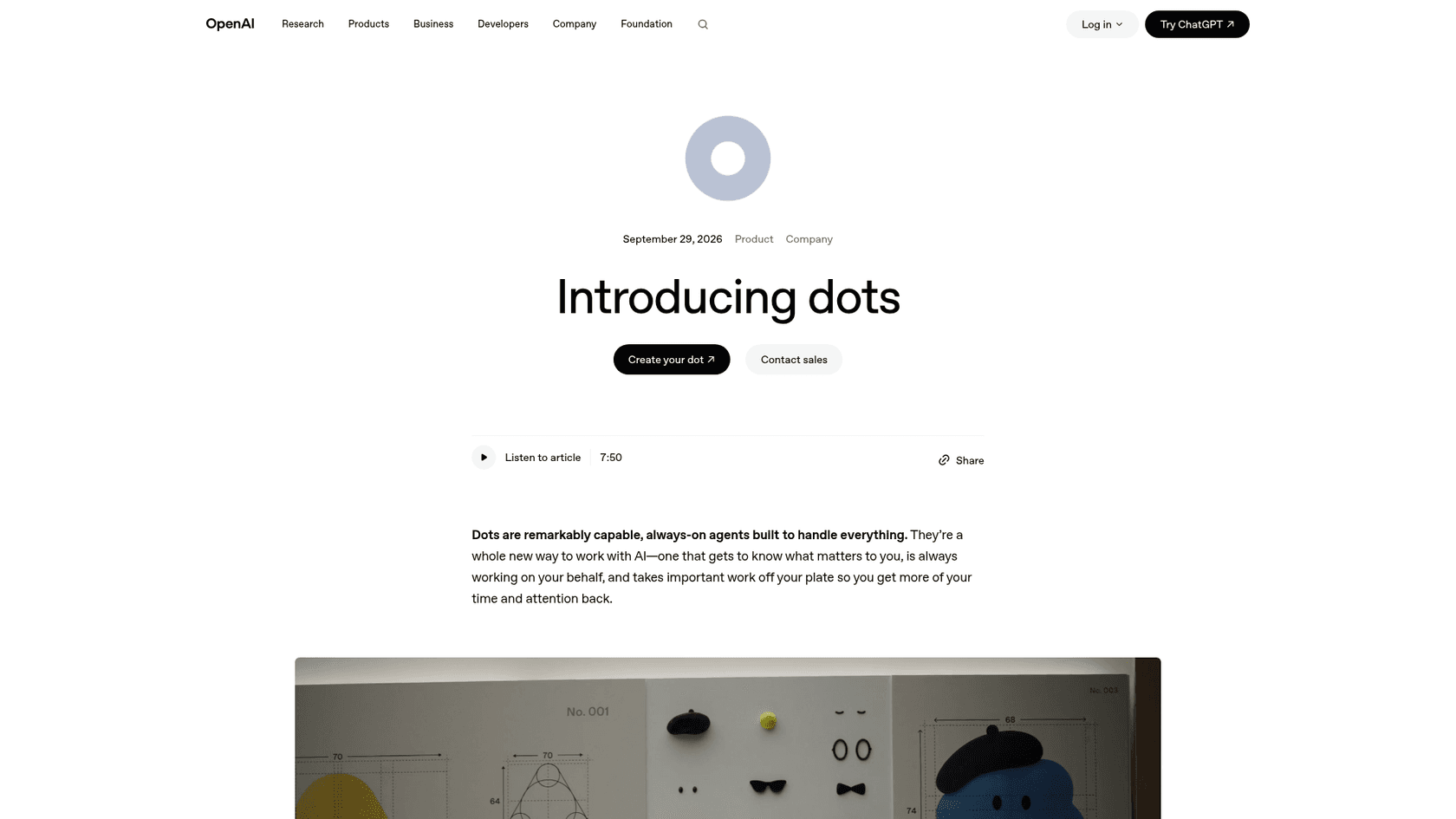 The Introducing dots announcement page on openai.com with the Create your dot and Contact sales buttons, as taken from OpenAI
