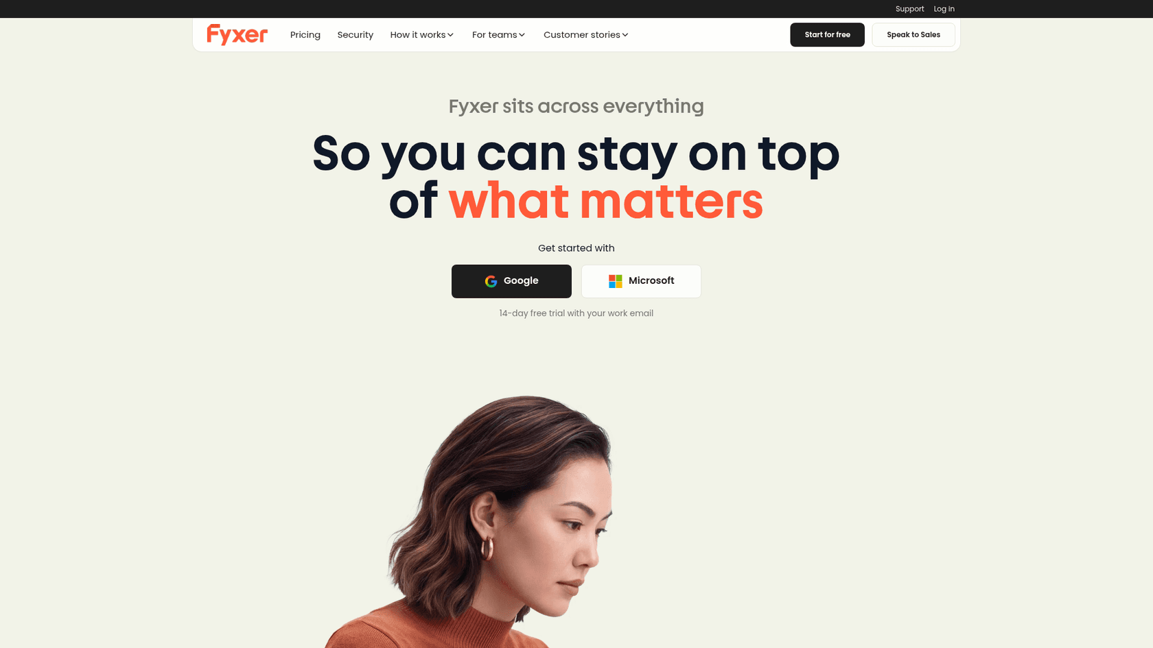 The Fyxer homepage with the headline So you can stay on top of what matters and Google and Microsoft sign-up buttons, as taken from Fyxer