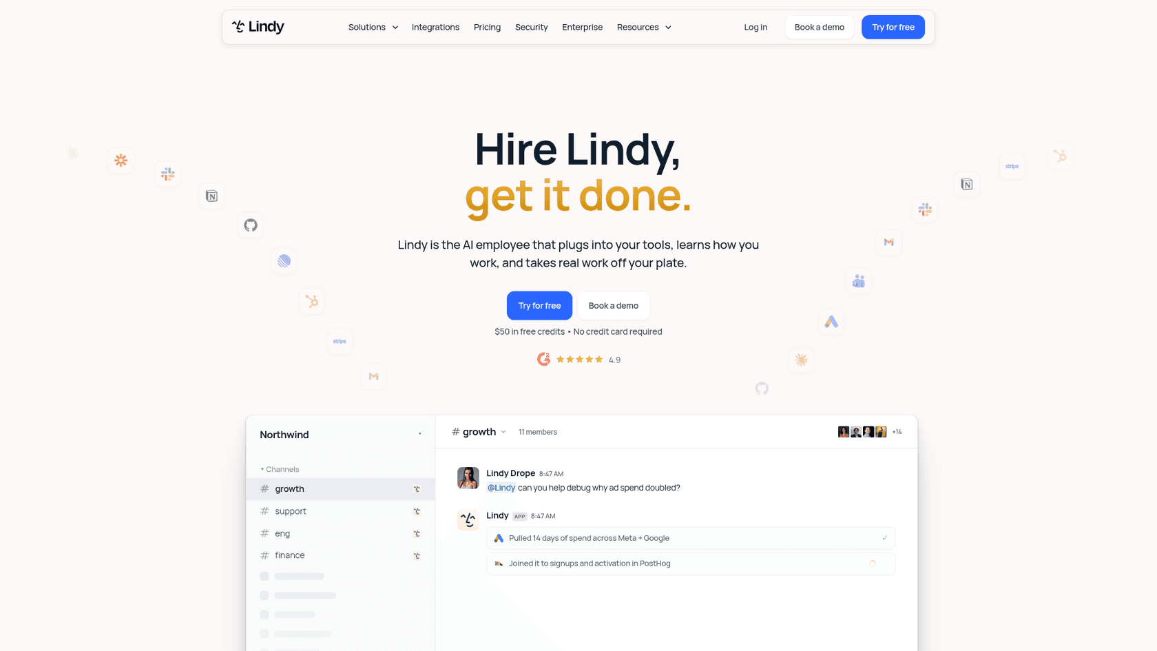 The Lindy homepage with the headline Hire Lindy, get it done, a Try for free button and a Slack-style workspace preview, as taken from Lindy