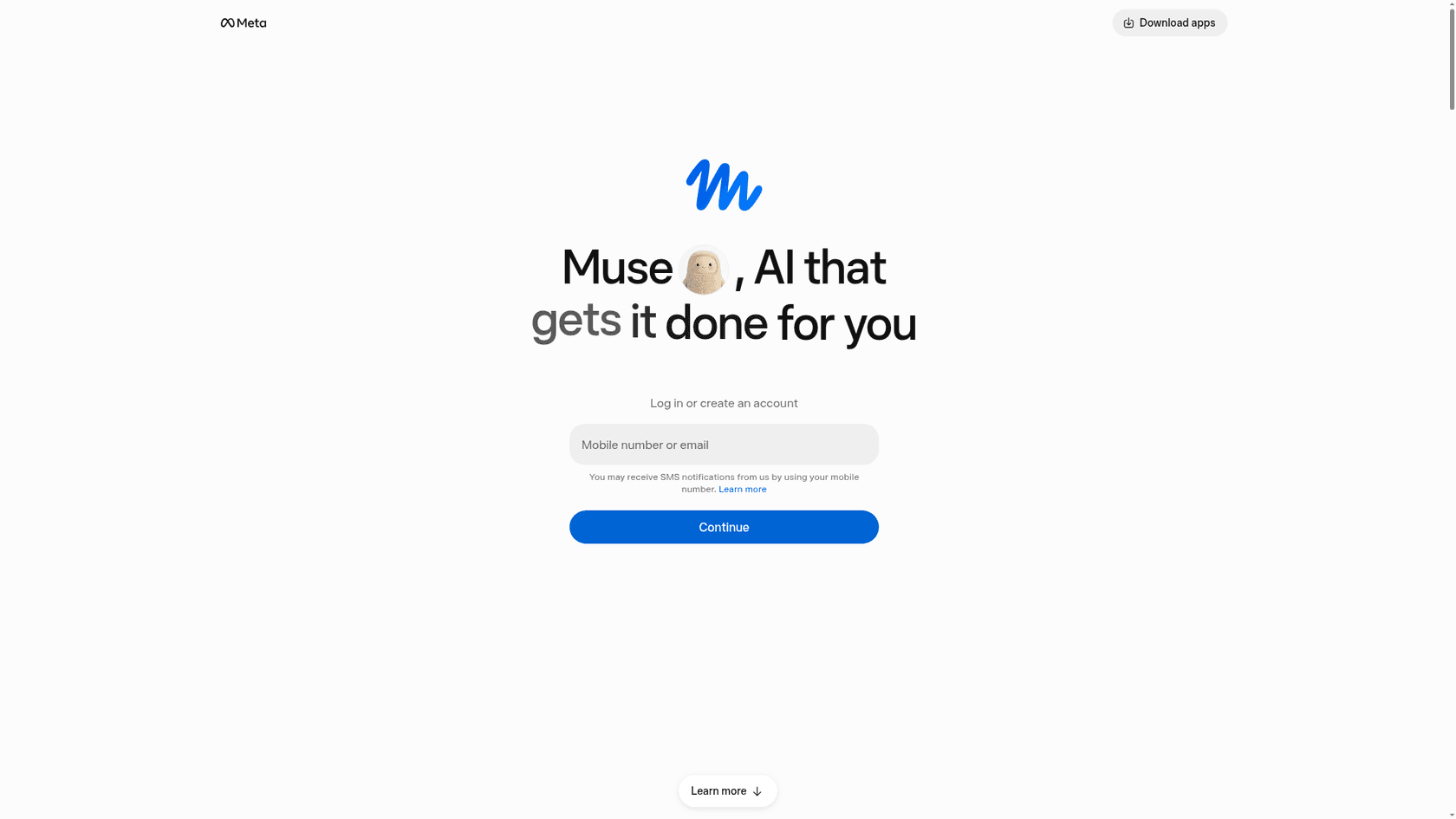 The Muse sign-in page with the headline Muse, AI that gets it done for you and a mobile number or email field, as taken from Meta
