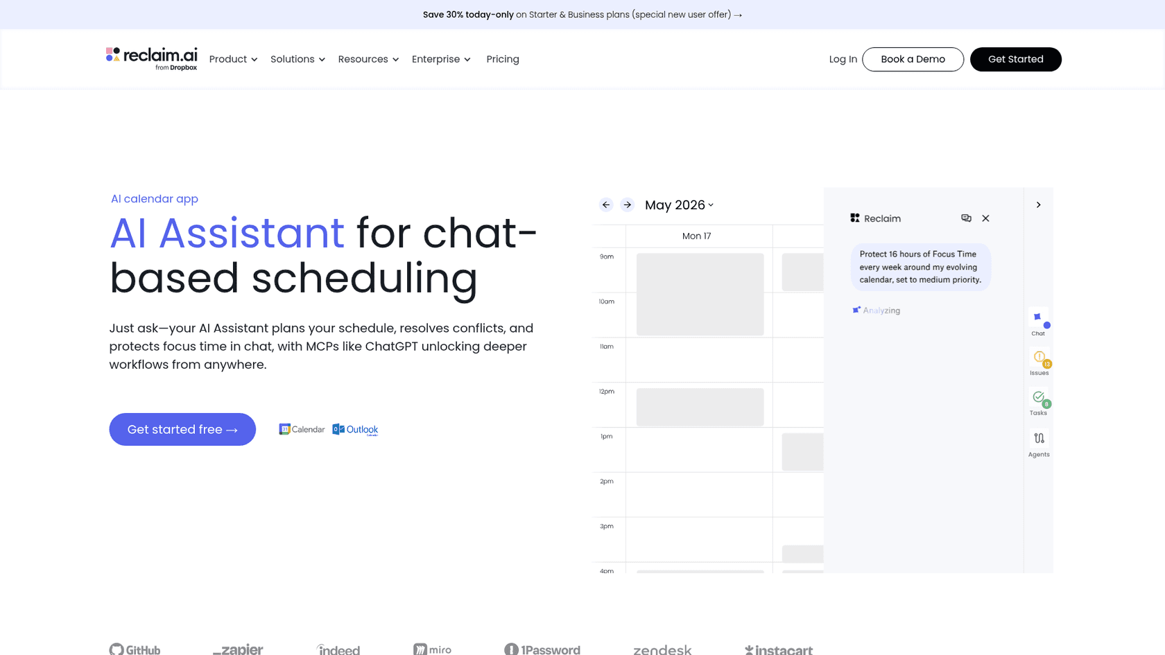 The Reclaim AI Assistant page with the headline AI Assistant for chat-based scheduling and a calendar with a chat panel, as taken from Reclaim