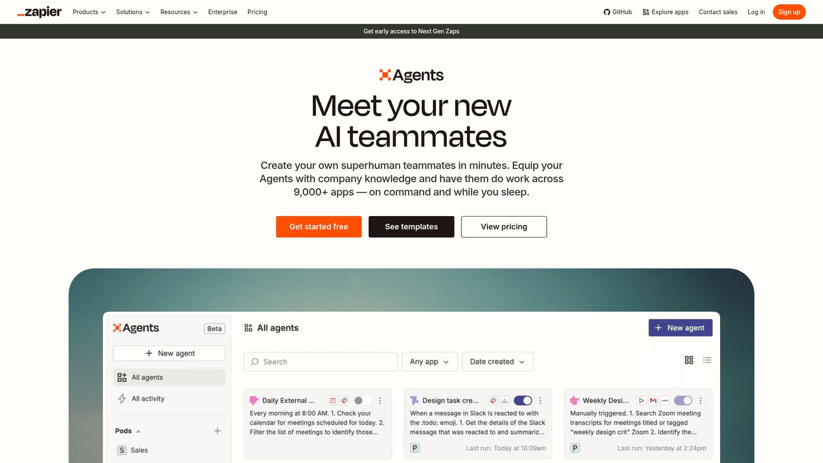 The Zapier Agents page with the headline Meet your new AI teammates and an All agents dashboard listing agents like Daily External meeting prep, as taken from Zapier