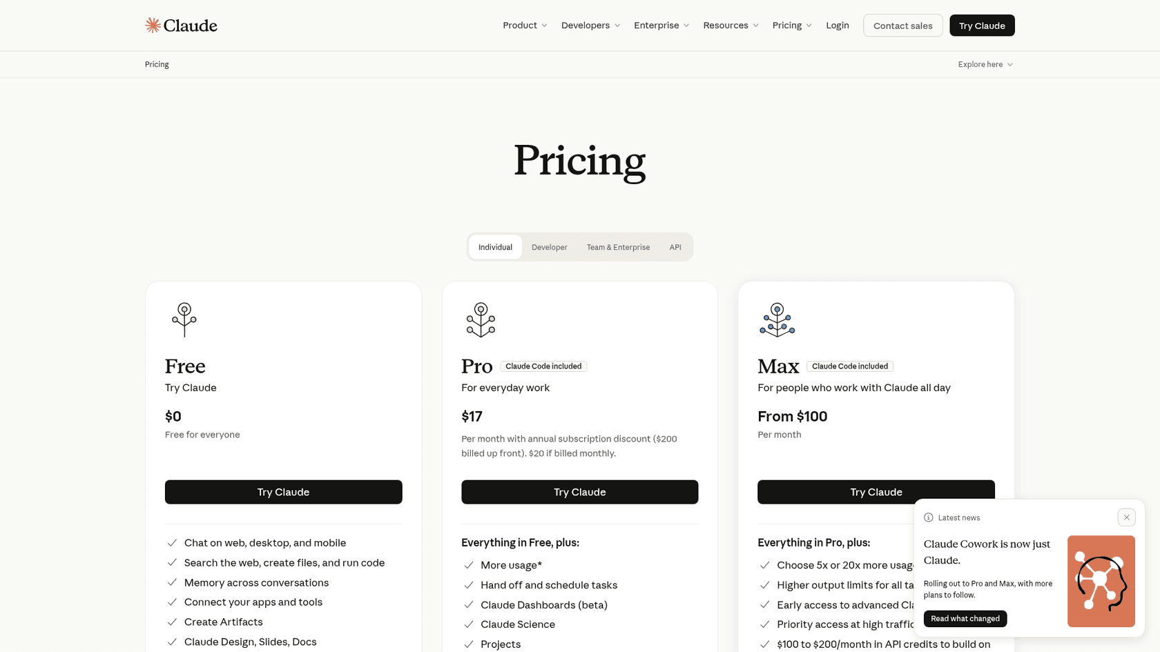 Claude's pricing page showing the Free plan at $0, Pro at $17 per month billed annually or $20 monthly, and Max from $100 per month, as taken from Claude