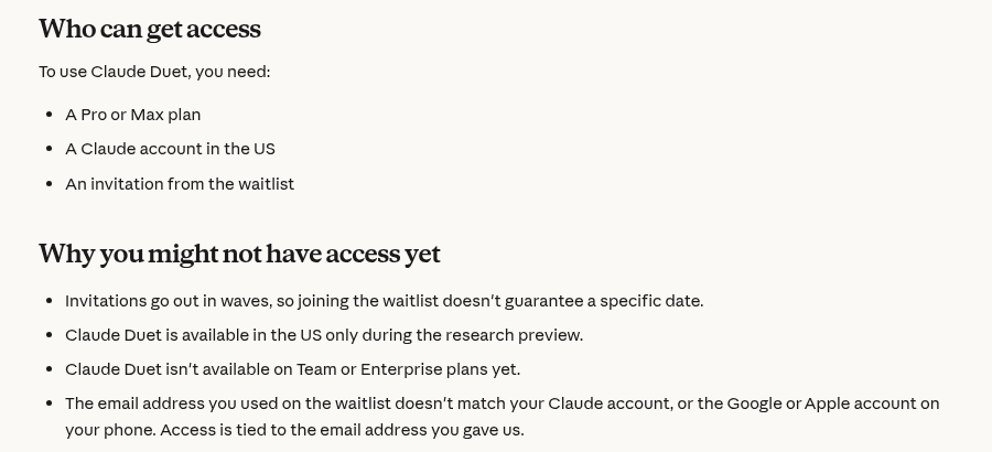The Who can get access and Why you might not have access yet sections of Anthropic's Claude Duet help article, as taken from the Claude Help Center