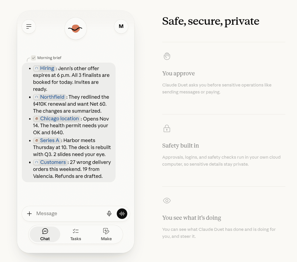 The Claude Duet phone app showing a morning brief with hiring, renewal, location, Series A and customer items, next to the You approve, Safety built in and You see what it's doing panels, as taken from the Claude Duet product page
