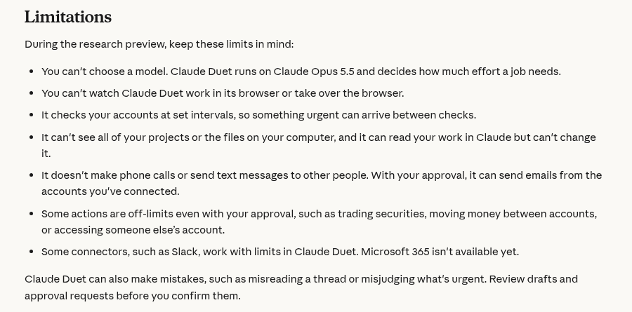The Limitations section of Anthropic's Get started with Claude Duet help article, listing no model choice, no browser takeover, checks at set intervals, no local files, no calls or texts, off-limits actions, and Slack and Microsoft 365 limits, as taken from the Claude Help Center
