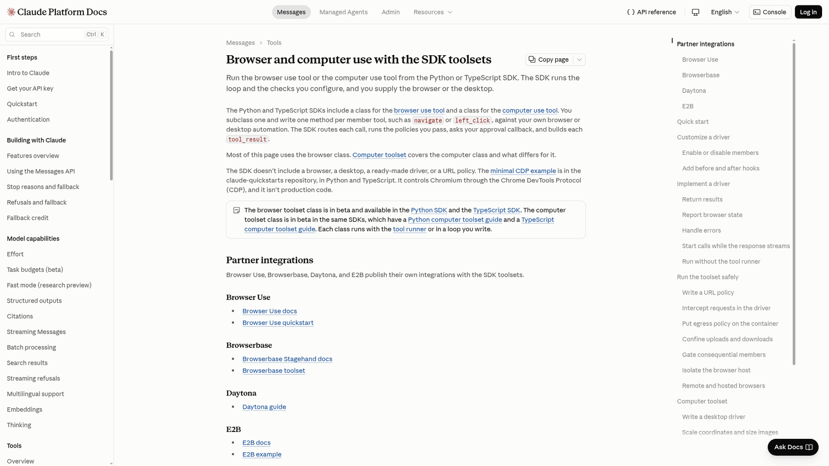 Claude Platform Docs page for browser and computer use with the SDK toolsets, describing Python and TypeScript classes for the browser use tool and partner integrations from Browser Use, Browserbase, Daytona and E2B, as taken from Claude Platform Docs