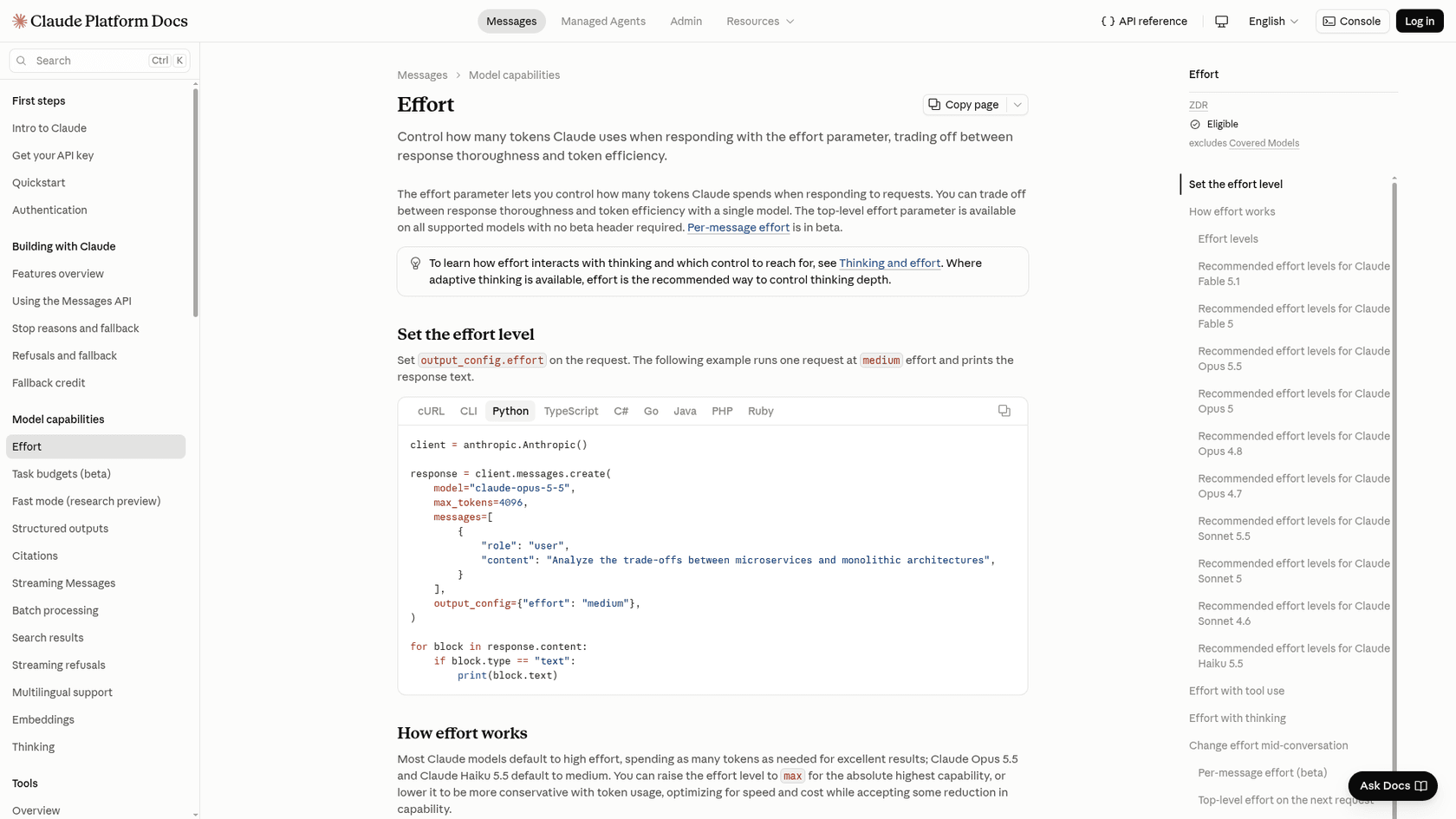 Claude Platform Docs page on the effort parameter, with a Python example setting output_config effort to medium and a note that Claude Opus 5.5 and Claude Haiku 5.5 default to medium, as taken from Claude Platform Docs