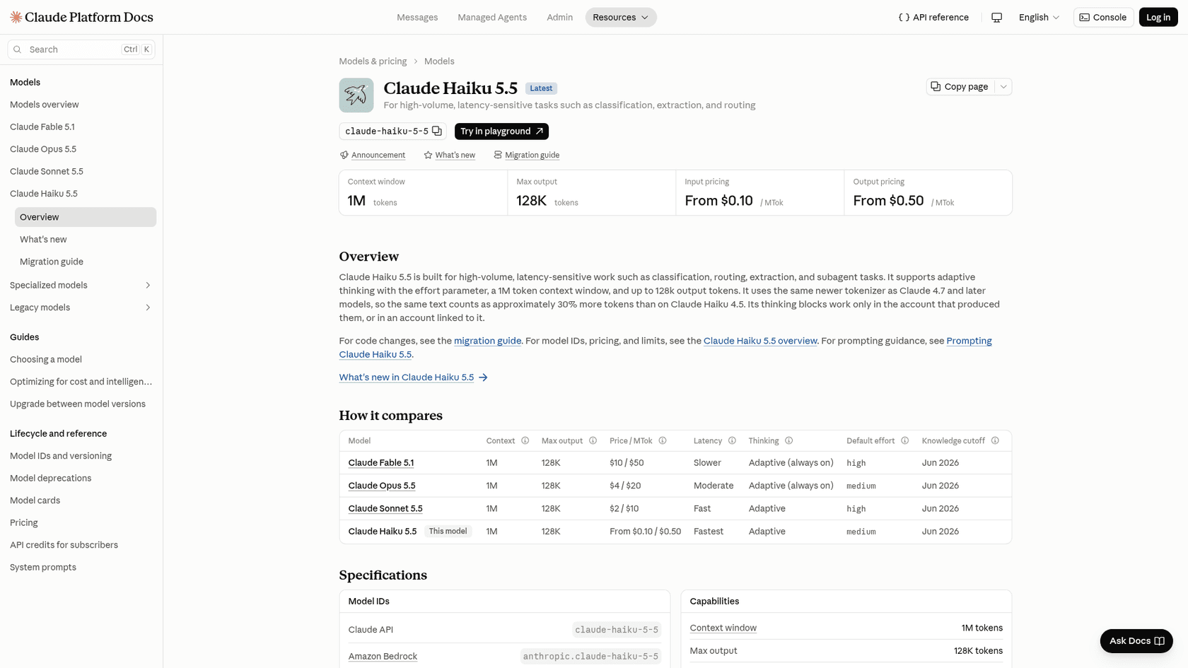 Claude Platform Docs overview page for Claude Haiku 5.5 showing a 1M context window, 128K max output, input from $0.10 and output from $0.50 per million tokens, and a comparison table with Fable 5.1, Opus 5.5 and Sonnet 5.5, as taken from Claude Platform Docs