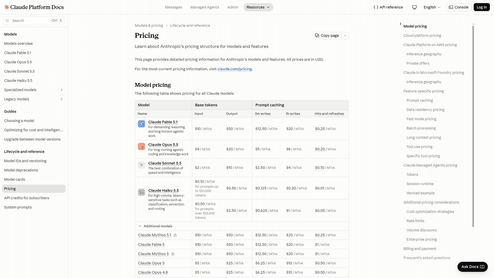 Claude Platform Docs pricing table listing Haiku 5.5 at $0.10 input for prompts up to 100,000 tokens and $0.50 for prompts over 100,000 tokens, next to Fable 5.1, Opus 5.5 and Sonnet 5.5, as taken from Claude Platform Docs