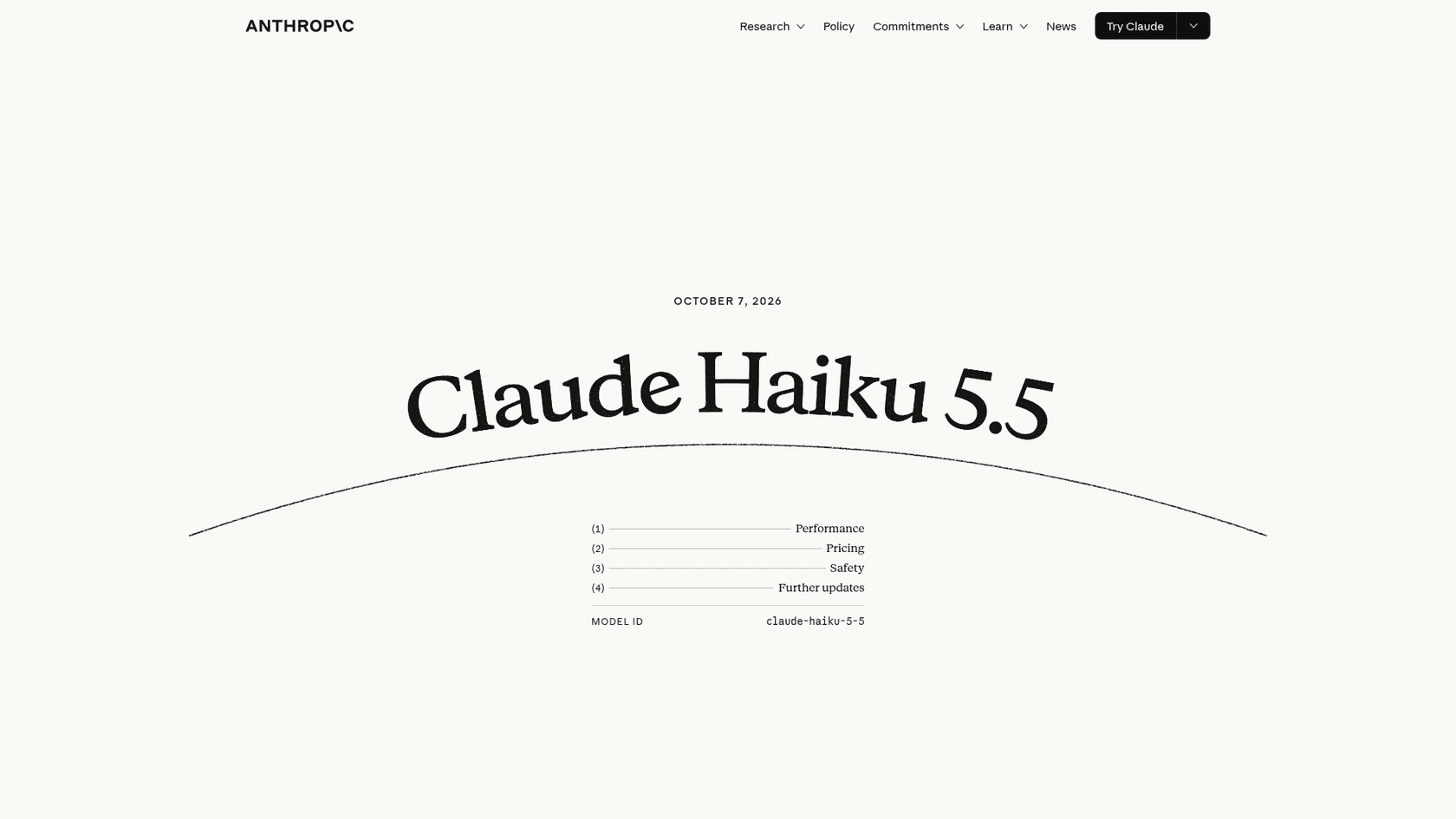 Anthropic's Claude Haiku 5.5 launch page, dated October 7, 2026, with sections for performance, pricing, safety and further updates and the model ID claude-haiku-5-5, as taken from Anthropic