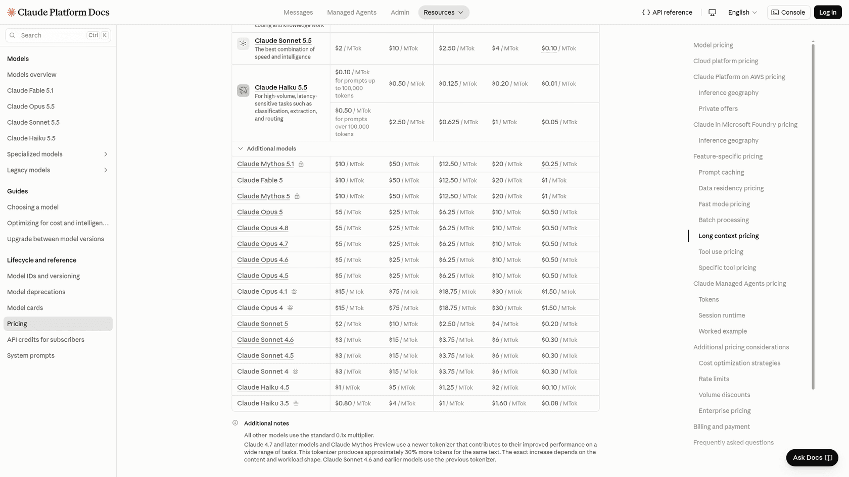 Claude Platform Docs pricing table showing Claude Haiku 5.5 at $0.10 input for prompts up to 100,000 tokens and $0.50 for prompts over 100,000 tokens, below Claude Sonnet 5.5 and above older models such as Haiku 4.5 at $1 and $5, with a note that newer models use a tokenizer producing about 30% more tokens, as taken from Claude Platform Docs