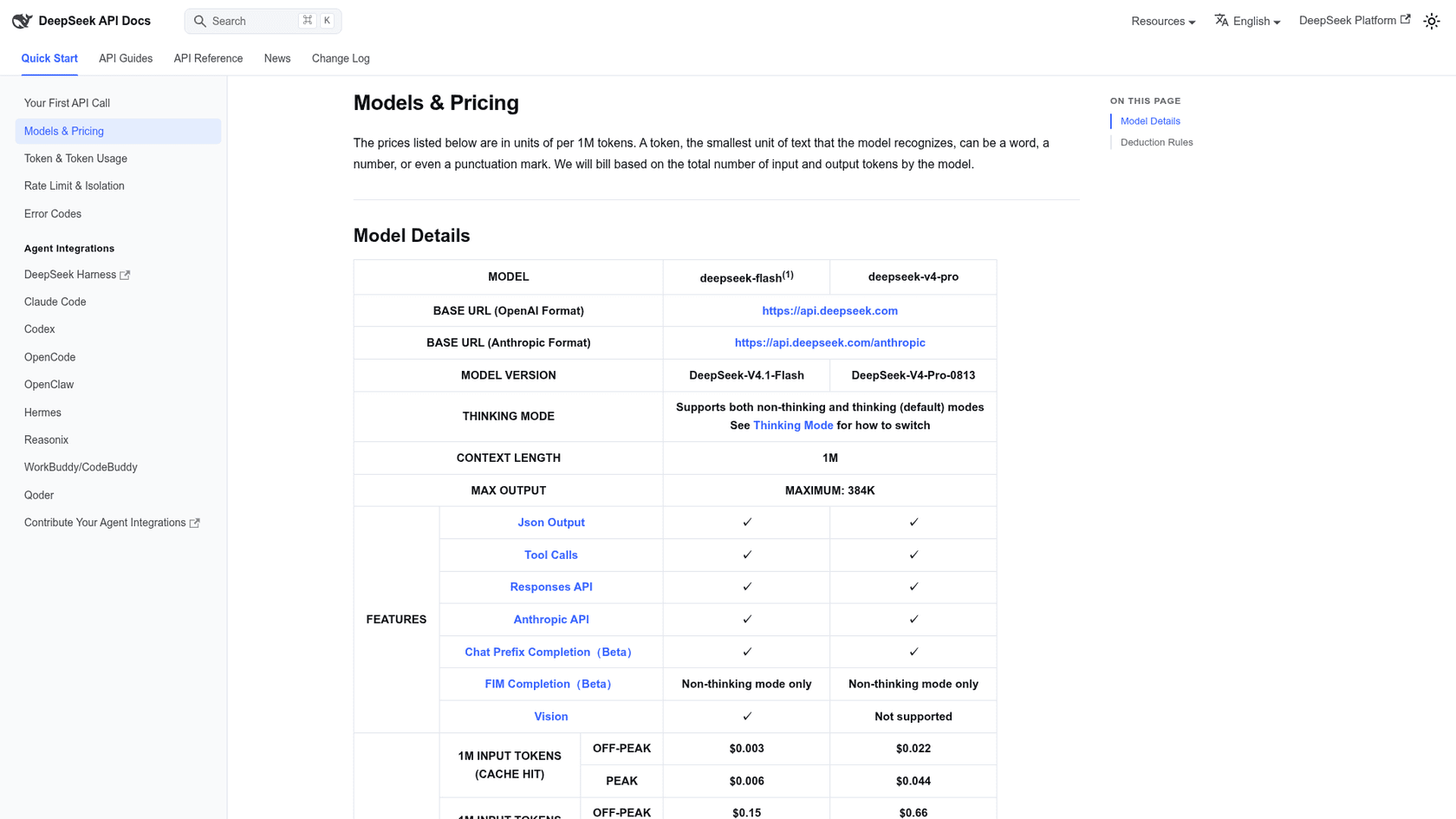 DeepSeek API docs Models and Pricing page showing deepseek-flash as DeepSeek-V4.1-Flash with 1M context, 384K max output, tool calls, Anthropic API support and chat prefix completion, as taken from DeepSeek API Docs