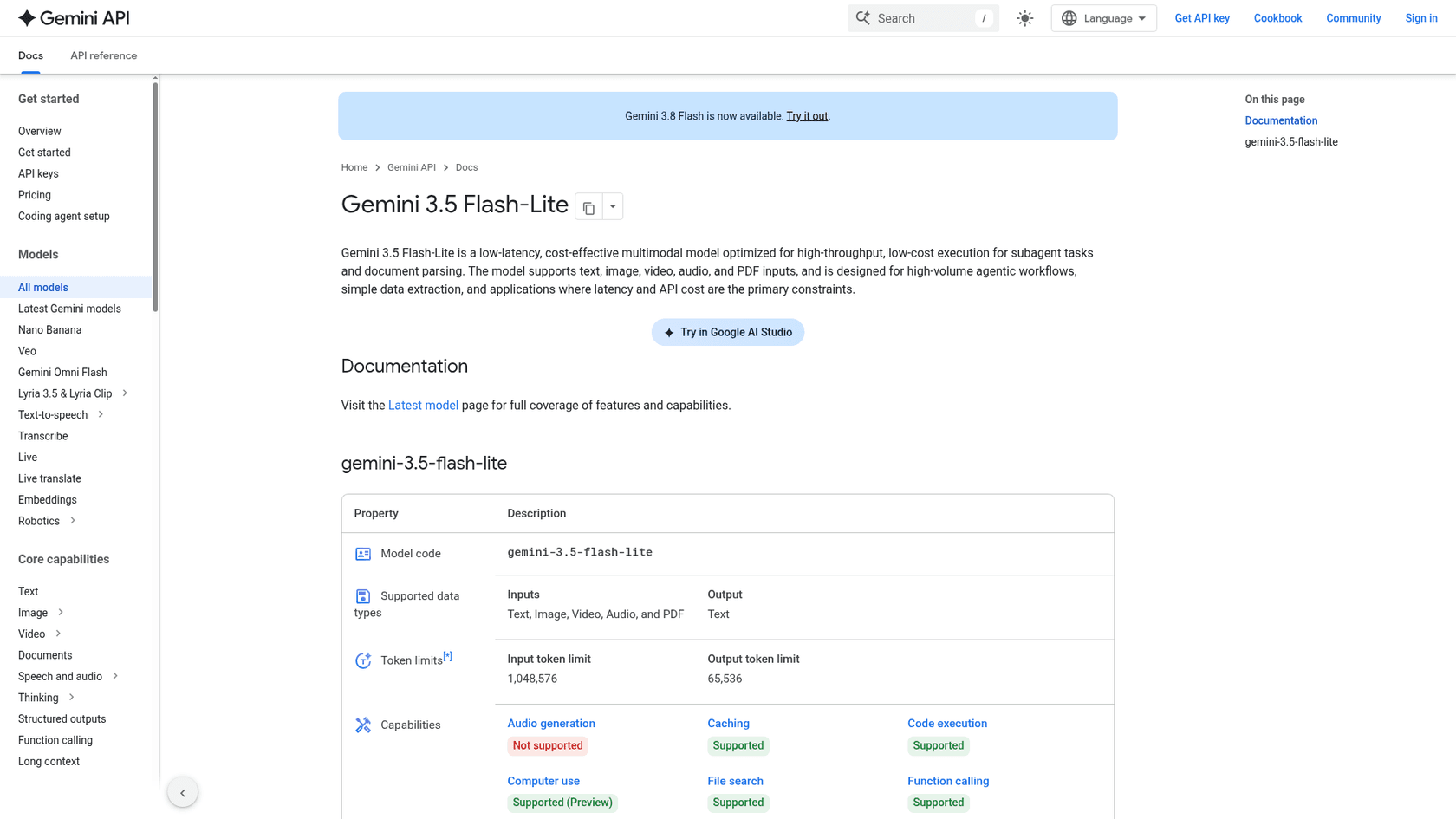 Google Gemini API docs page for Gemini 3.5 Flash-Lite describing it as a low-latency, cost-effective multimodal model for high-throughput tasks, with a 1,048,576 input token limit and 65,536 output tokens, as taken from Google AI for Developers