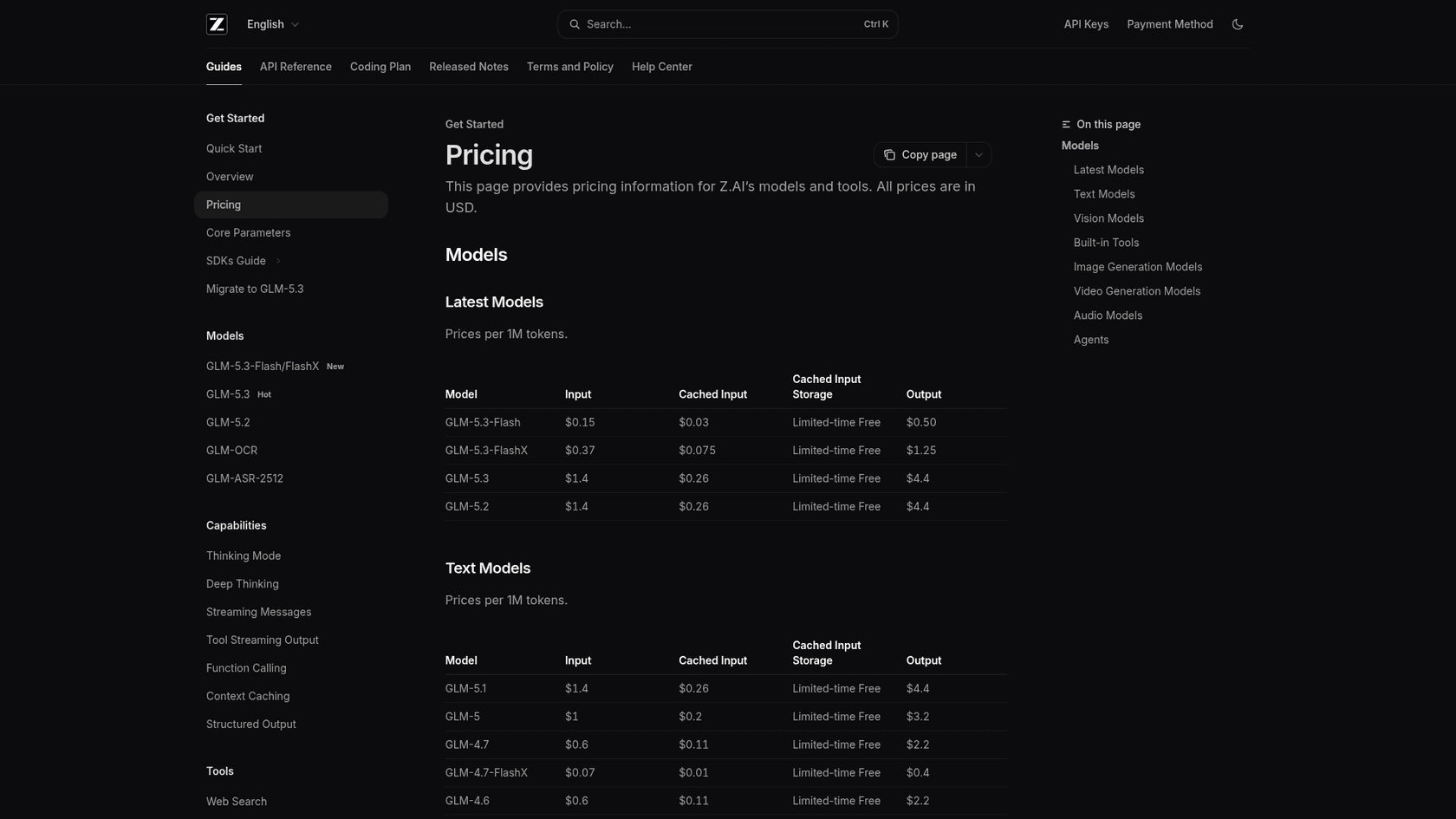 Z.AI pricing page listing GLM-5.3-Flash at $0.15 input, $0.03 cached input and $0.50 output per million tokens, next to GLM-5.3-FlashX, GLM-5.3 and GLM-5.2, as taken from Z.AI