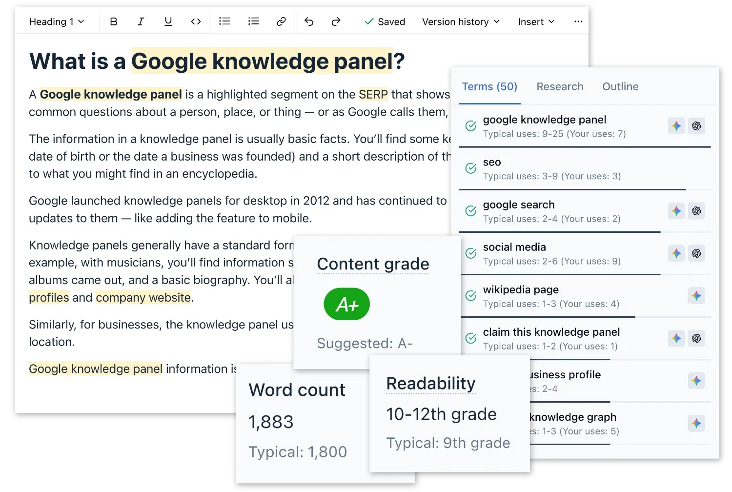 Clearscope content editor interface showing content grade, relevant keyword terms, and real-time optimization scoring