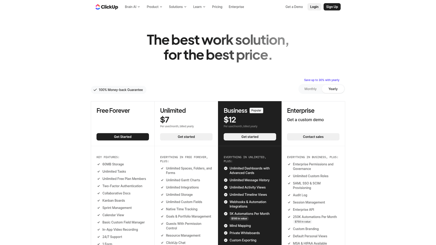 ClickUp pricing page showing Unlimited at $7 and Business at $12 per user per month billed yearly, as taken from ClickUp