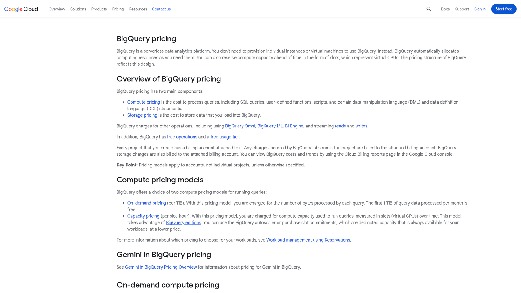 BigQuery pricing page overview of on-demand and capacity compute models, as taken from Google Cloud