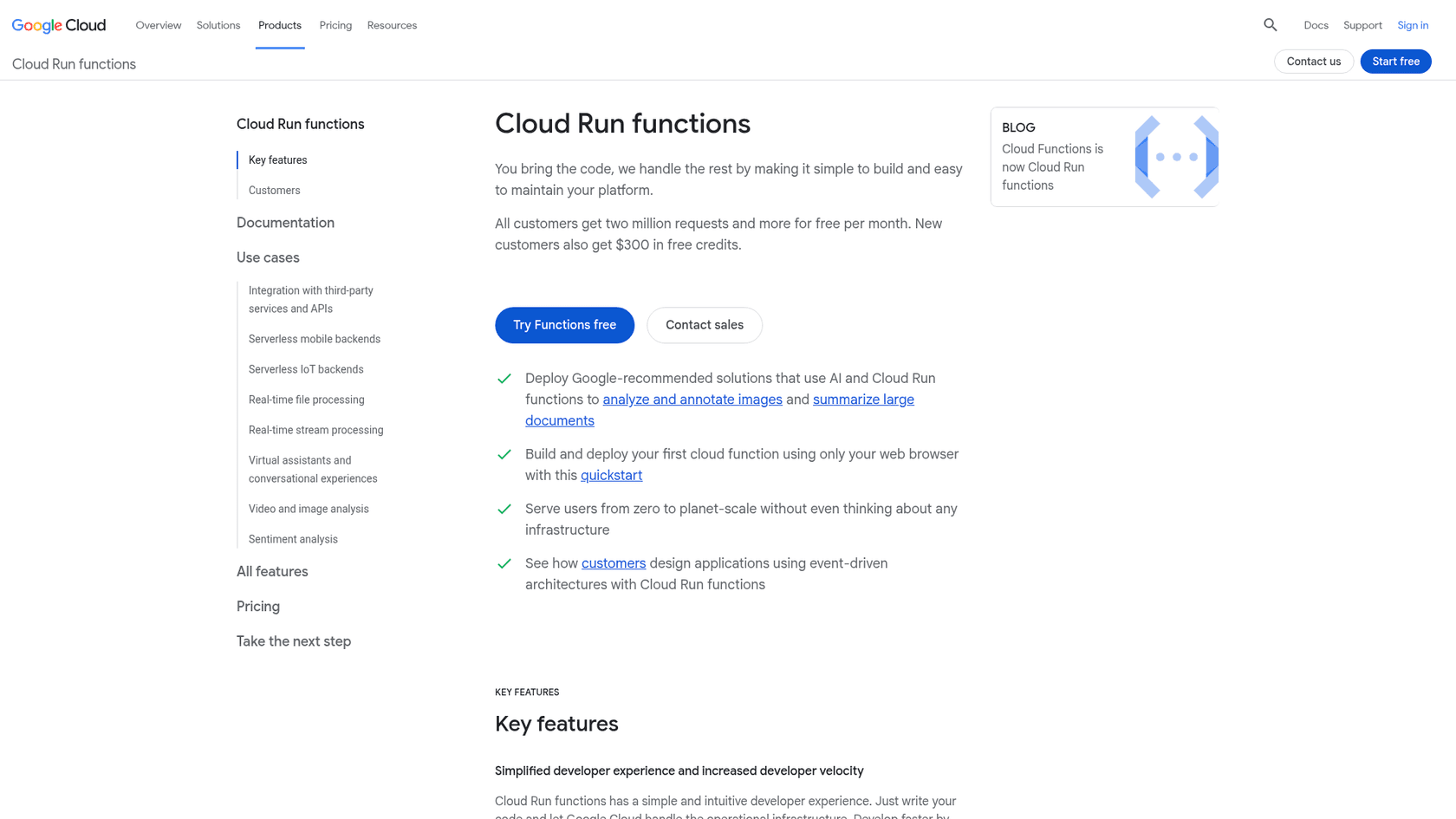 Cloud Run functions product page, with a blog card announcing that Cloud Functions is now Cloud Run functions, as taken from Google Cloud