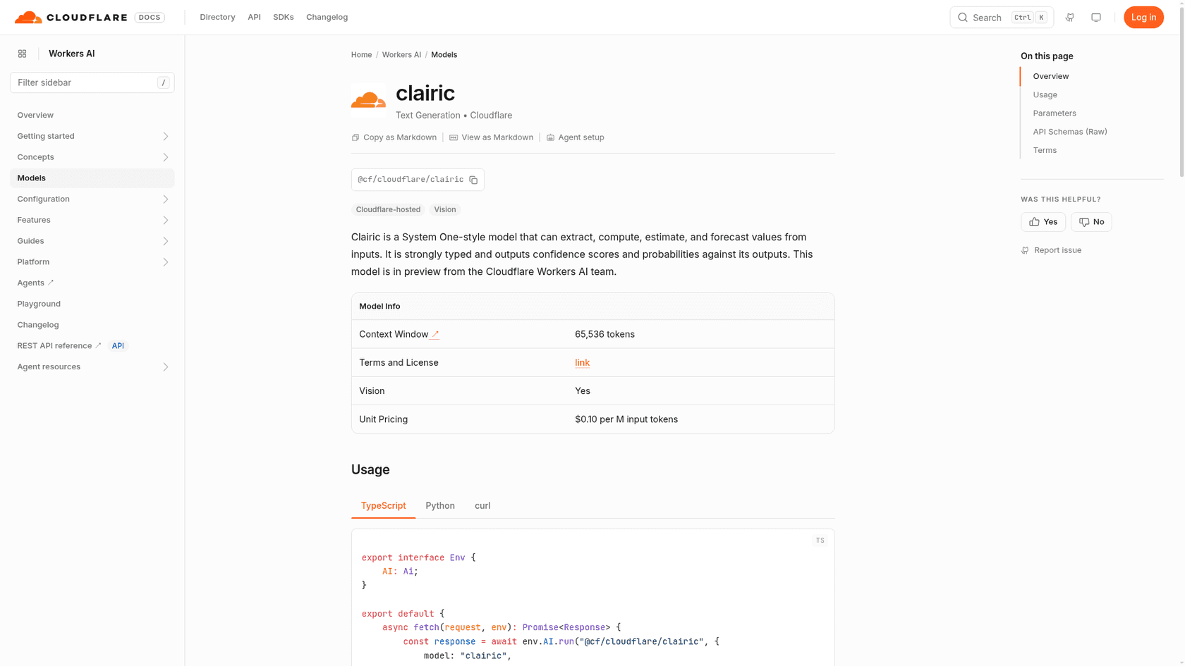 Cloudflare docs page for the clairic model showing the @cf/cloudflare/clairic ID, a 65,536 token context window, vision support and unit pricing of $0.10 per M input tokens, as taken from the Cloudflare Workers AI docs