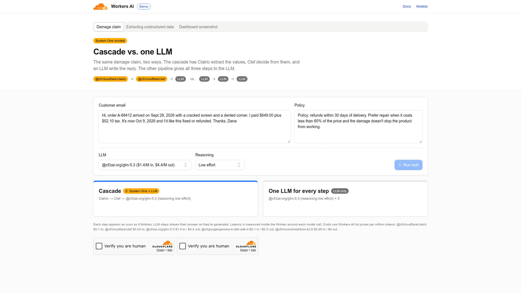 Cloudflare's live Workers AI demo page, Cascade vs. one LLM, showing the damaged-order email, the refund policy, an LLM picker set to GLM-5.3 and two result panels for the cascade and the LLM-only pipeline, as taken from Cloudflare's Clairic demo