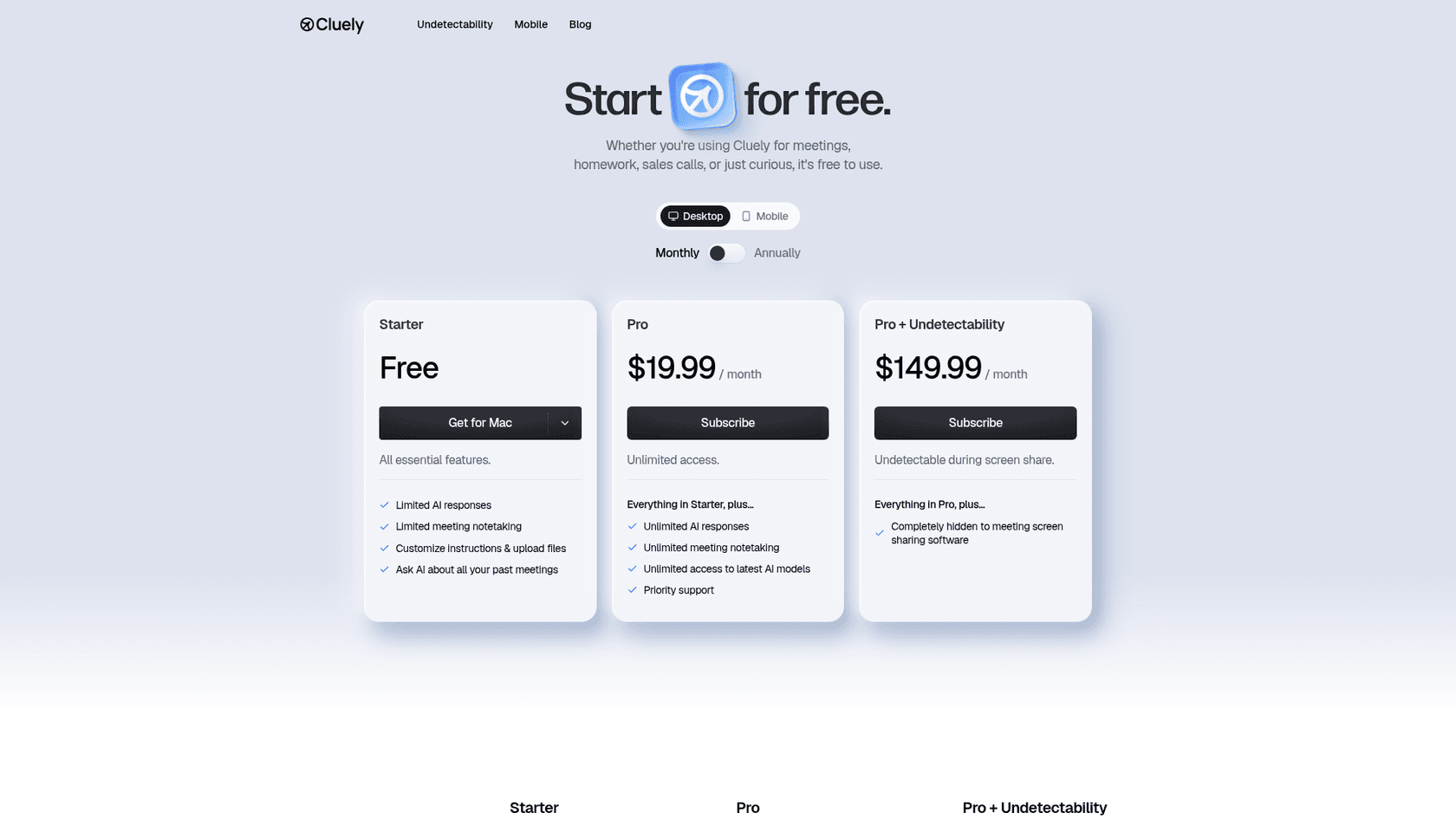 Cluely's pricing page showing the Starter, Pro, and Pro + Undetectability plans, as taken from Cluely