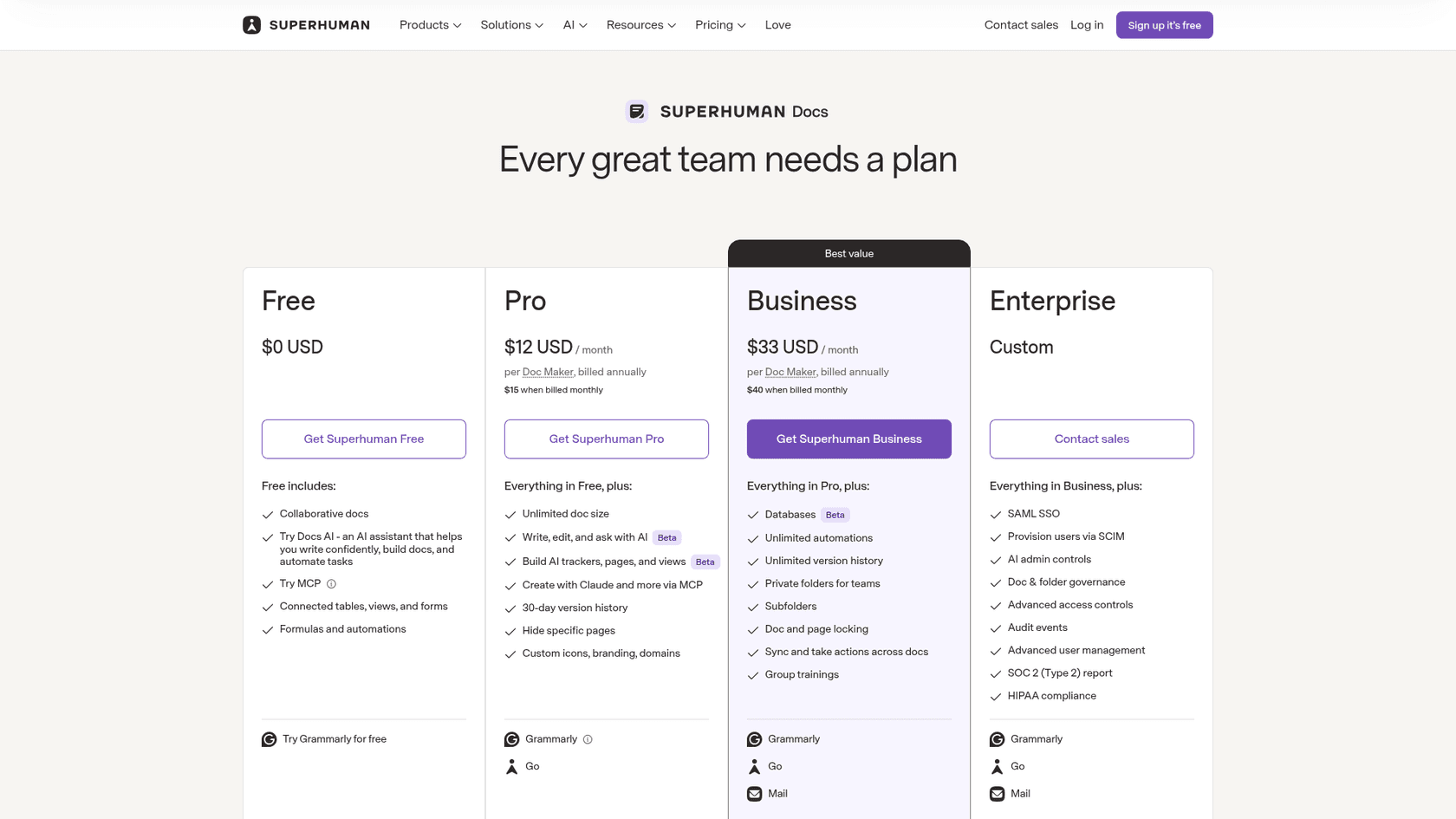 Superhuman Docs (Coda) pricing page showing Free, Pro, Business and Enterprise plans, as seen on the Superhuman Docs pricing page