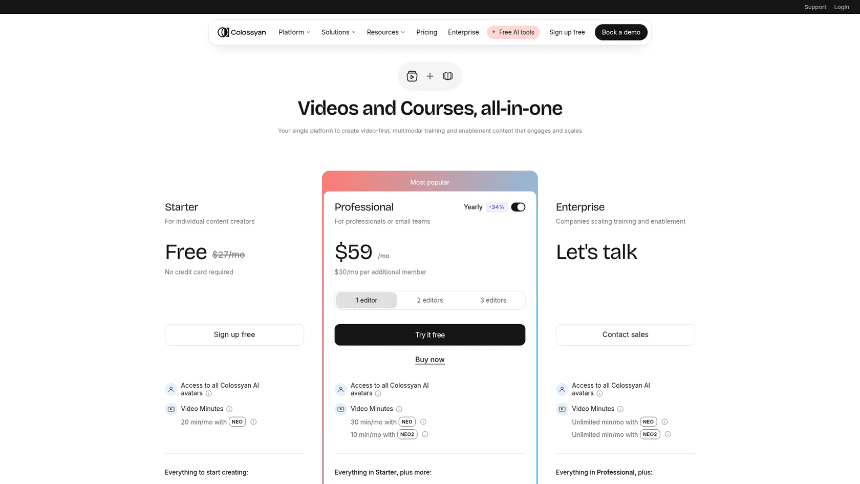 Colossyan pricing page with the Starter, Professional and Enterprise plans, as taken from Colossyan