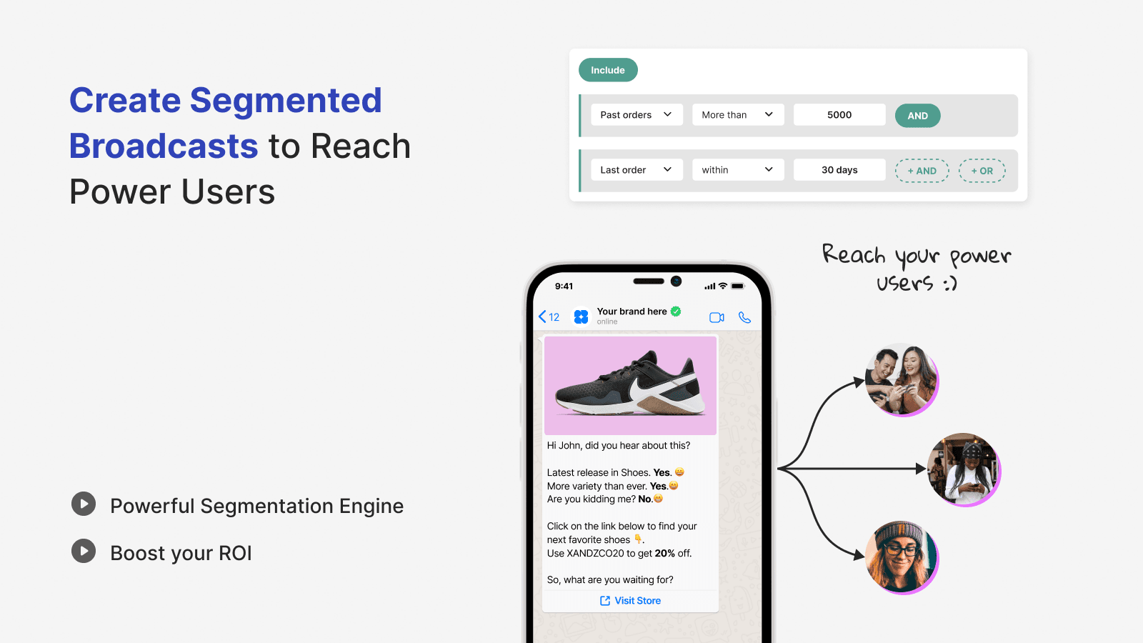 BiteSpeed's segmented broadcasts screen on the Shopify App Store, with a segment builder filtering customers by past orders and last order date, next to a WhatsApp message promoting new shoes with a discount code, as taken from BiteSpeed's Shopify listing